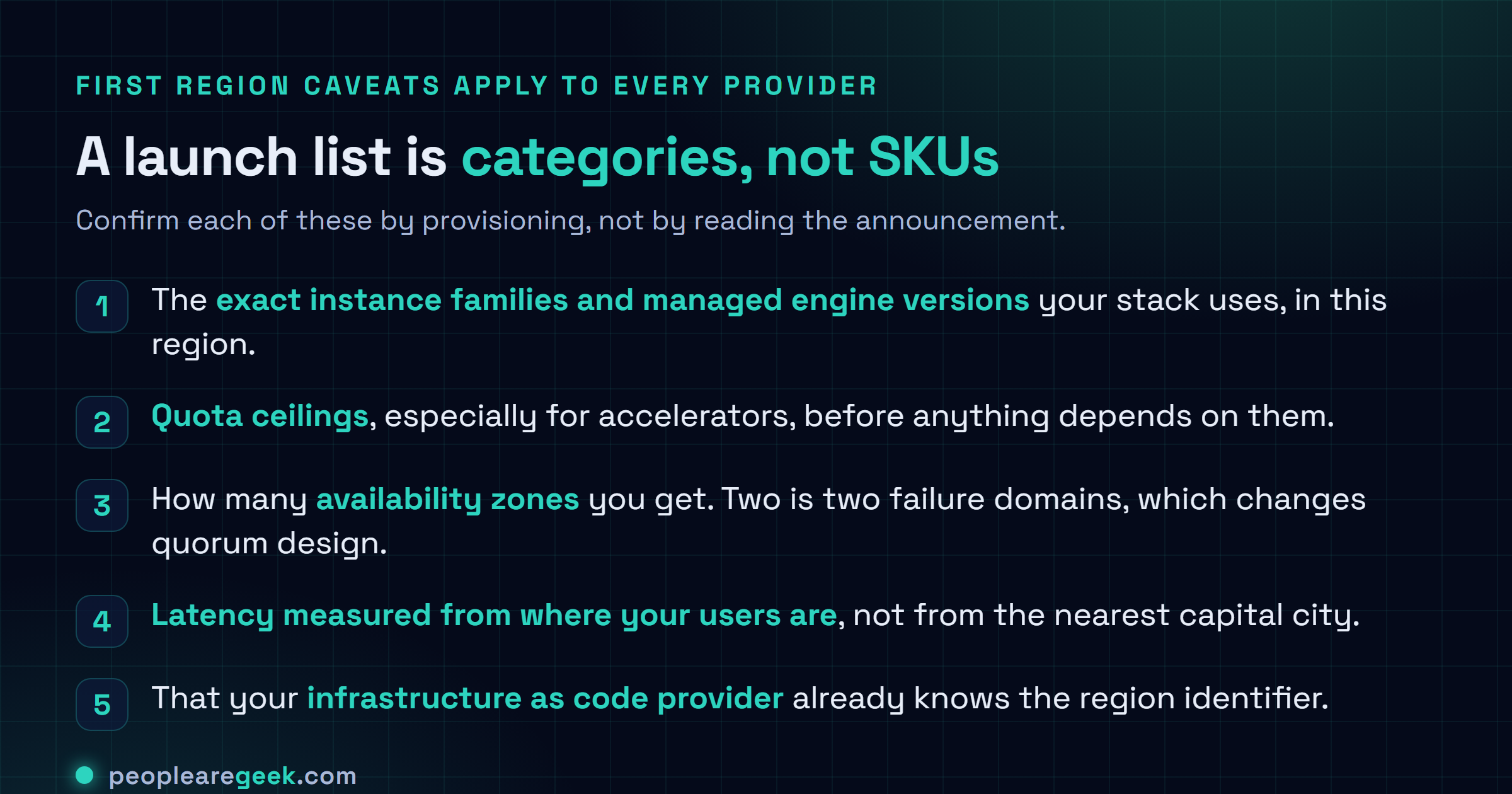 Checklist for evaluating a newly launched cloud region: confirm the exact instance families and managed services, check quota ceilings, count availability zones for quorum planning, measure latency from real user locations, and verify infrastructure as code support for the region identifier.