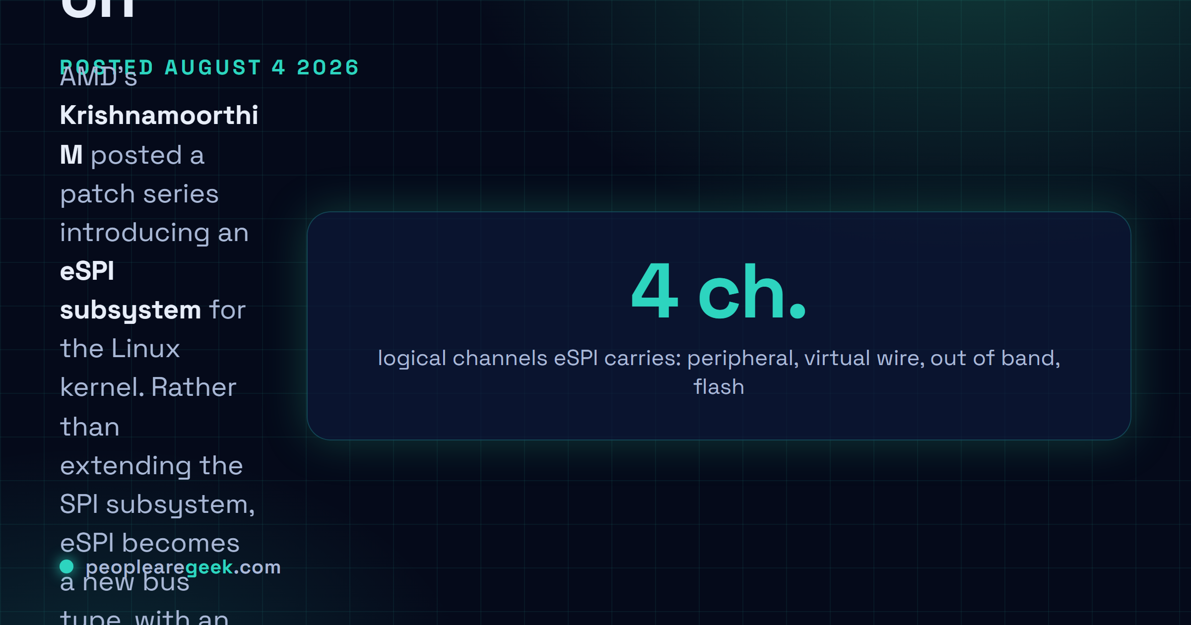 Carte réponse expliquant que le 4 août 2026, Krishnamoorthi M chez AMD a publié des patches noyau Linux proposant l'eSPI comme nouveau type de bus à part entière plutôt qu'une extension du sous-système SPI, avec un pilote eSPI AMD comme premier utilisateur, testé sur une plateforme AMDI0070, l'énumération ACPI seule restant une limite actuelle.