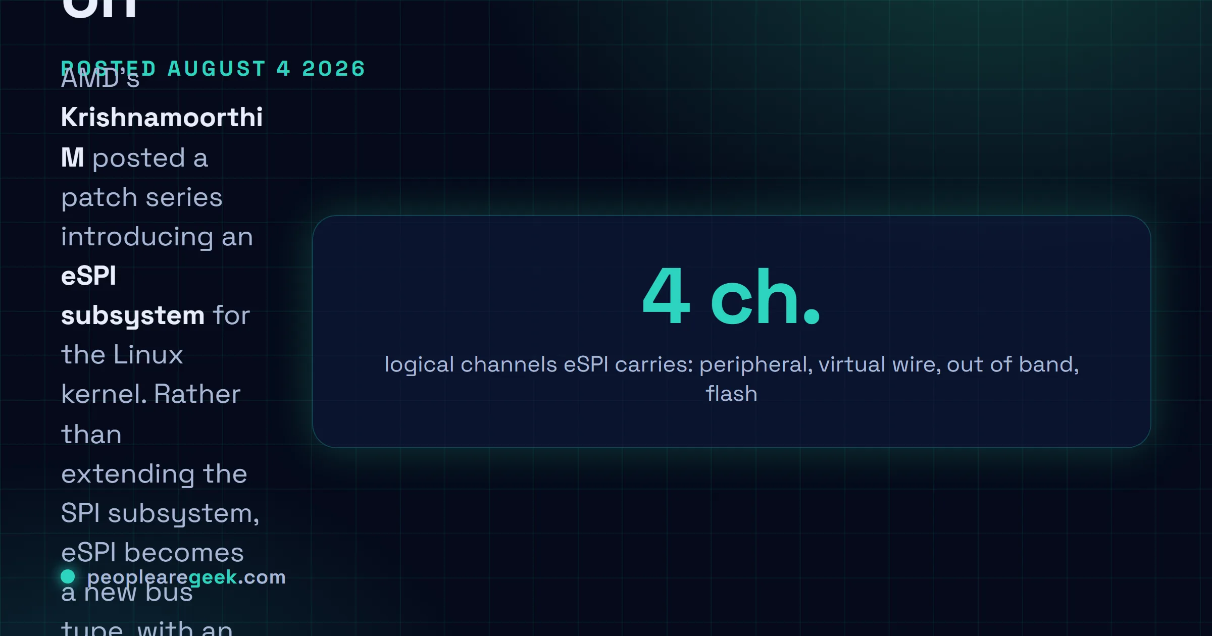 Carte réponse expliquant que le 4 août 2026, Krishnamoorthi M chez AMD a publié des patches noyau Linux proposant l'eSPI comme nouveau type de bus à part entière plutôt qu'une extension du sous-système SPI, avec un pilote eSPI AMD comme premier utilisateur, testé sur une plateforme AMDI0070, l'énumération ACPI seule restant une limite actuelle.