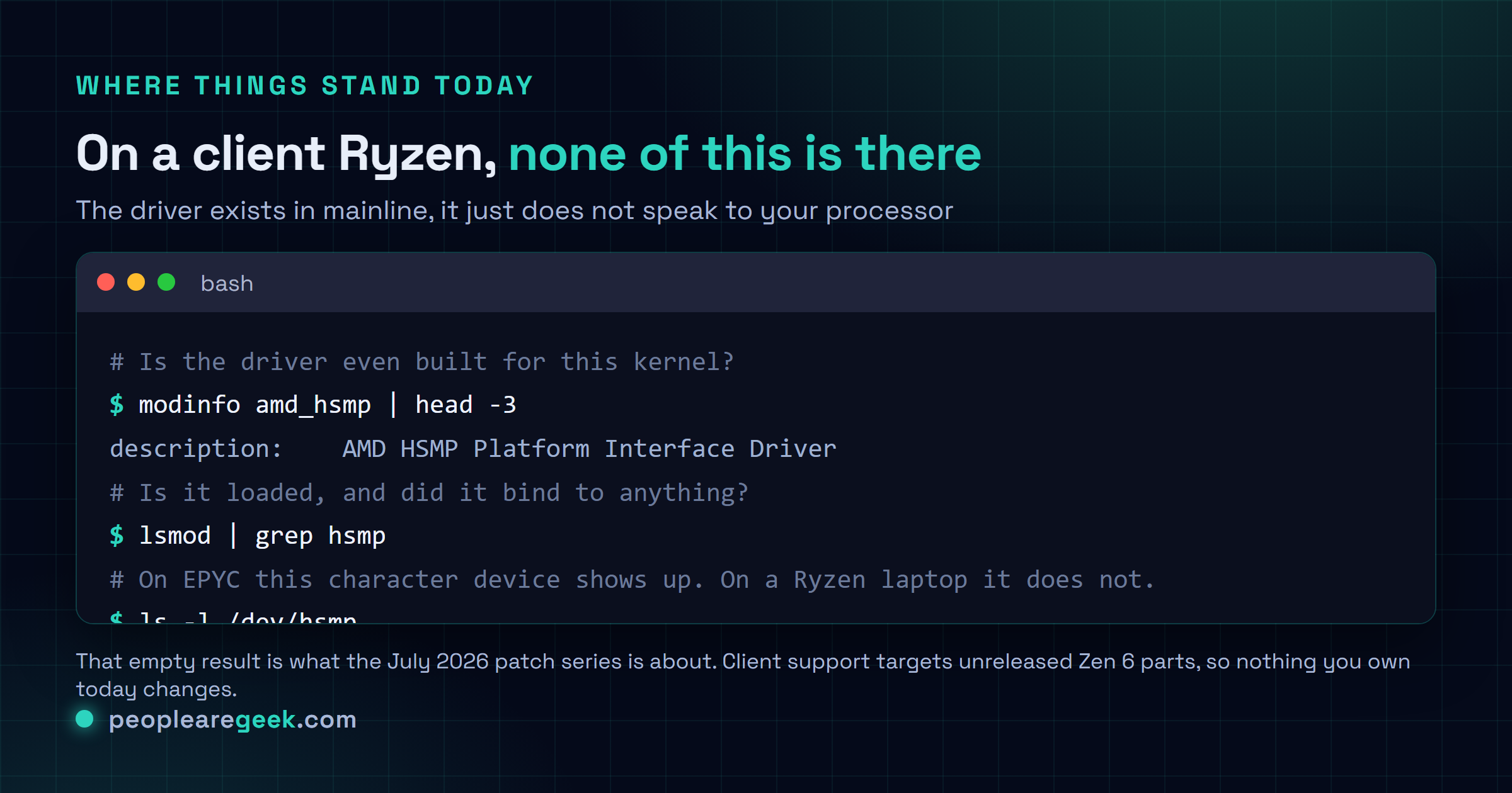 Figure terminal montrant comment vérifier aujourd'hui la présence du pilote amd_hsmp sur une machine, avec modinfo amd_hsmp, lsmod et le listage du périphérique caractère /dev/hsmp, en notant qu'un Ryzen client ne trouvera rien.
