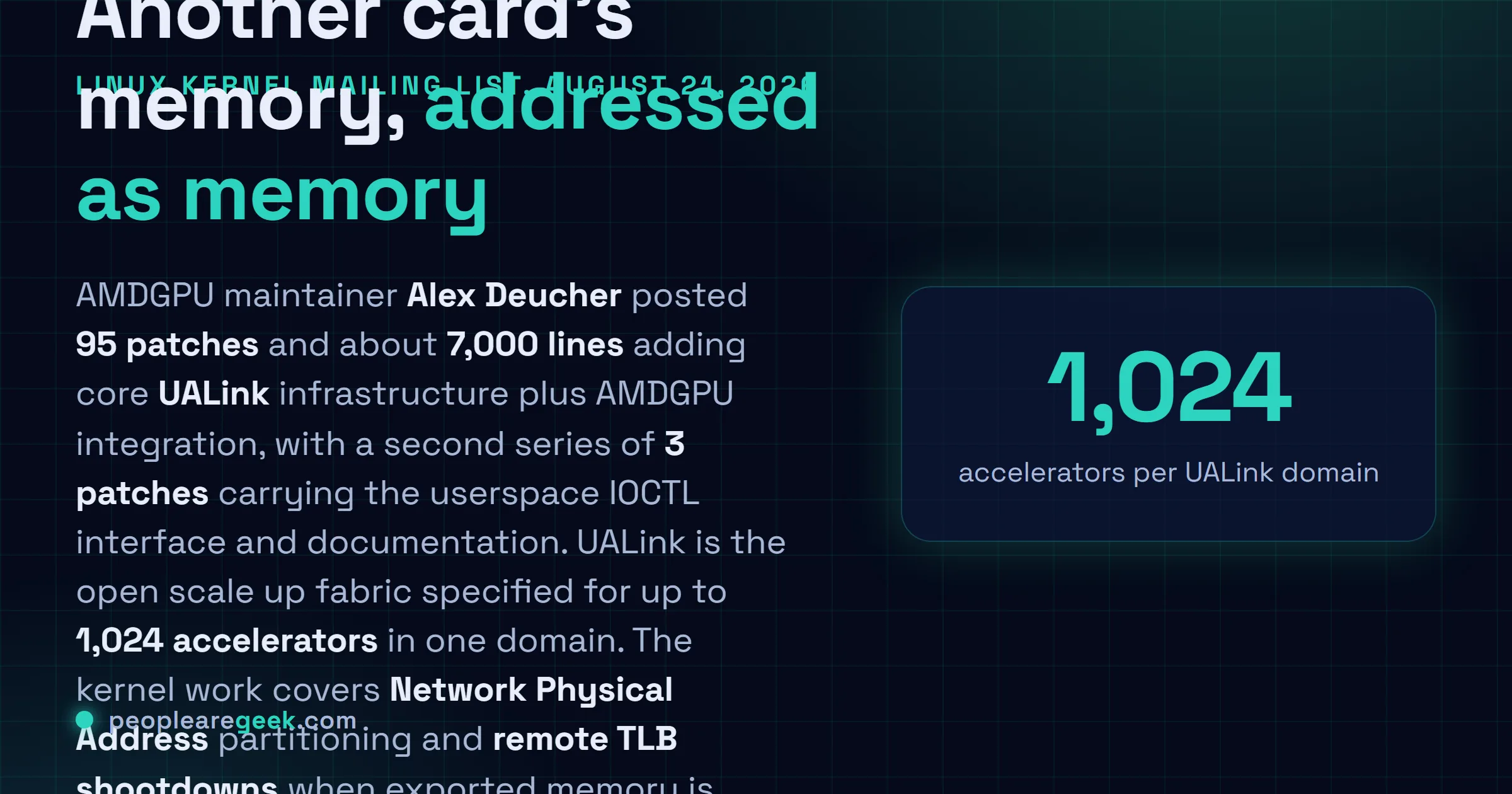 Answer card: on August 21 2026 AMD maintainer Alex Deucher posted a 95 patch series of about seven thousand lines adding Ultra Accelerator Link infrastructure and AMDGPU integration to the Linux kernel, plus a three patch series exposing the IOCTL interface, targeting scale up pods of up to 1,024 accelerators.
