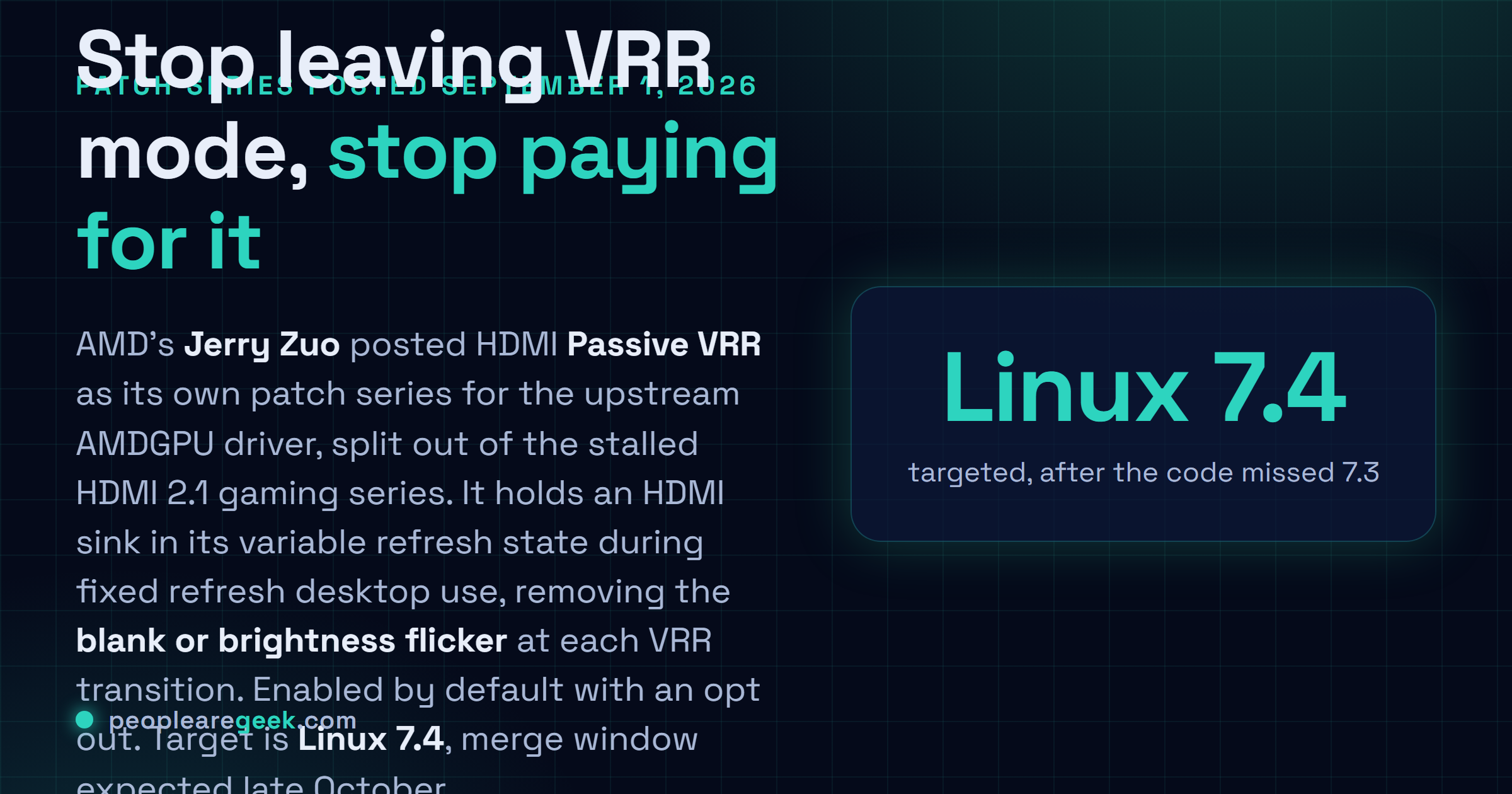 Carte réponse : AMD a publié le 1er septembre 2026 une série autonome de correctifs VRR passif HDMI pour le pilote Linux AMDGPU, visant Linux 7.4, activée par défaut avec une option de refus.