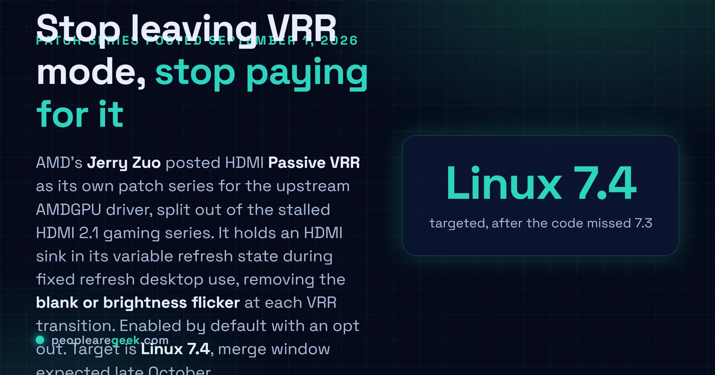 Answer card: AMD posted a standalone HDMI Passive VRR patch series for the AMDGPU Linux driver on September 1, 2026, targeting Linux 7.4, enabled by default with an opt out.