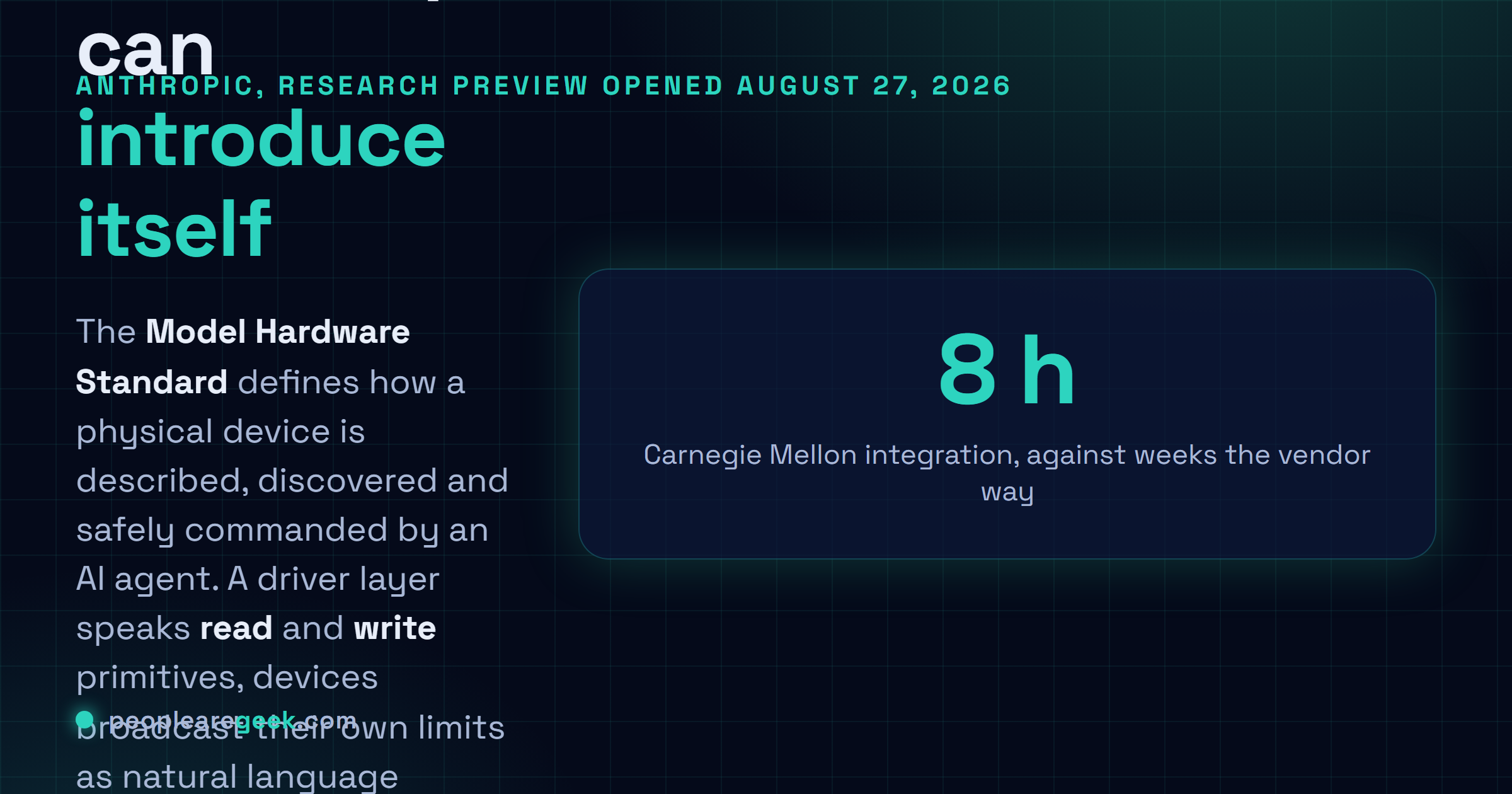 Answer card summarising the Model Hardware Standard research preview: a shared driver layer, device discovery and safety limits letting AI agents operate microscopes, liquid handlers, robotic arms and lasers, opened to selected partners on August 27, 2026.