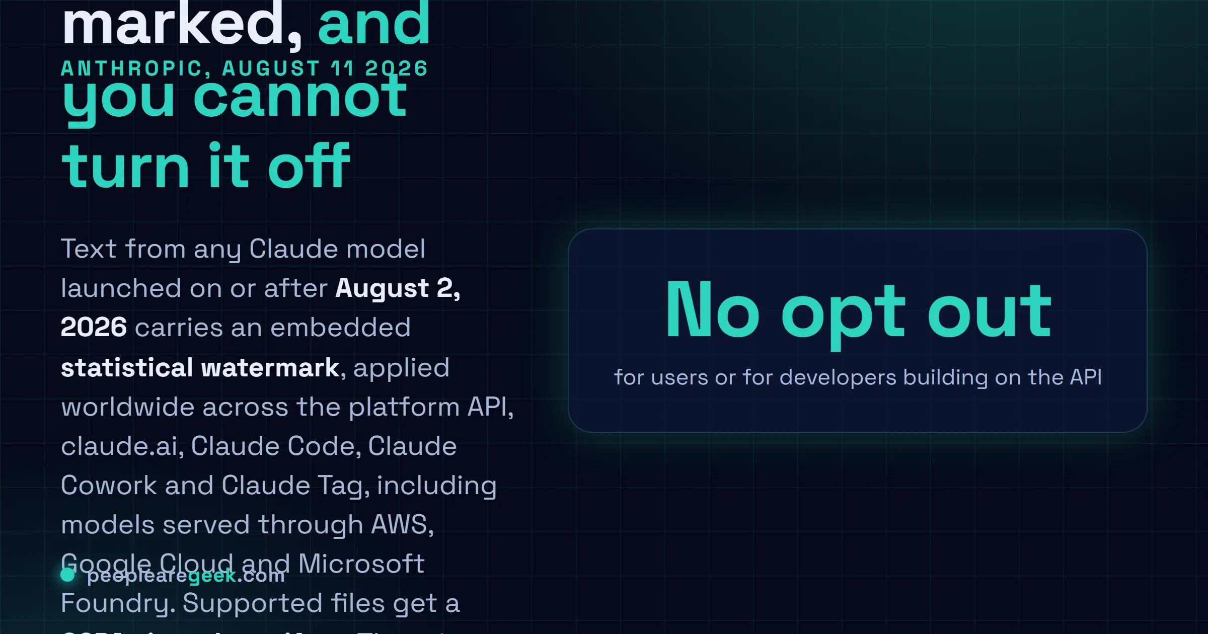 Answer card describing Anthropic's confirmation on August 11, 2026 that every Claude model launched on or after August 2, 2026 embeds a statistical watermark in generated text across the platform API, claude.ai, Claude Code, Claude Cowork and Claude Tag, with C2PA signed manifests on supported files and no opt out available to users or developers.