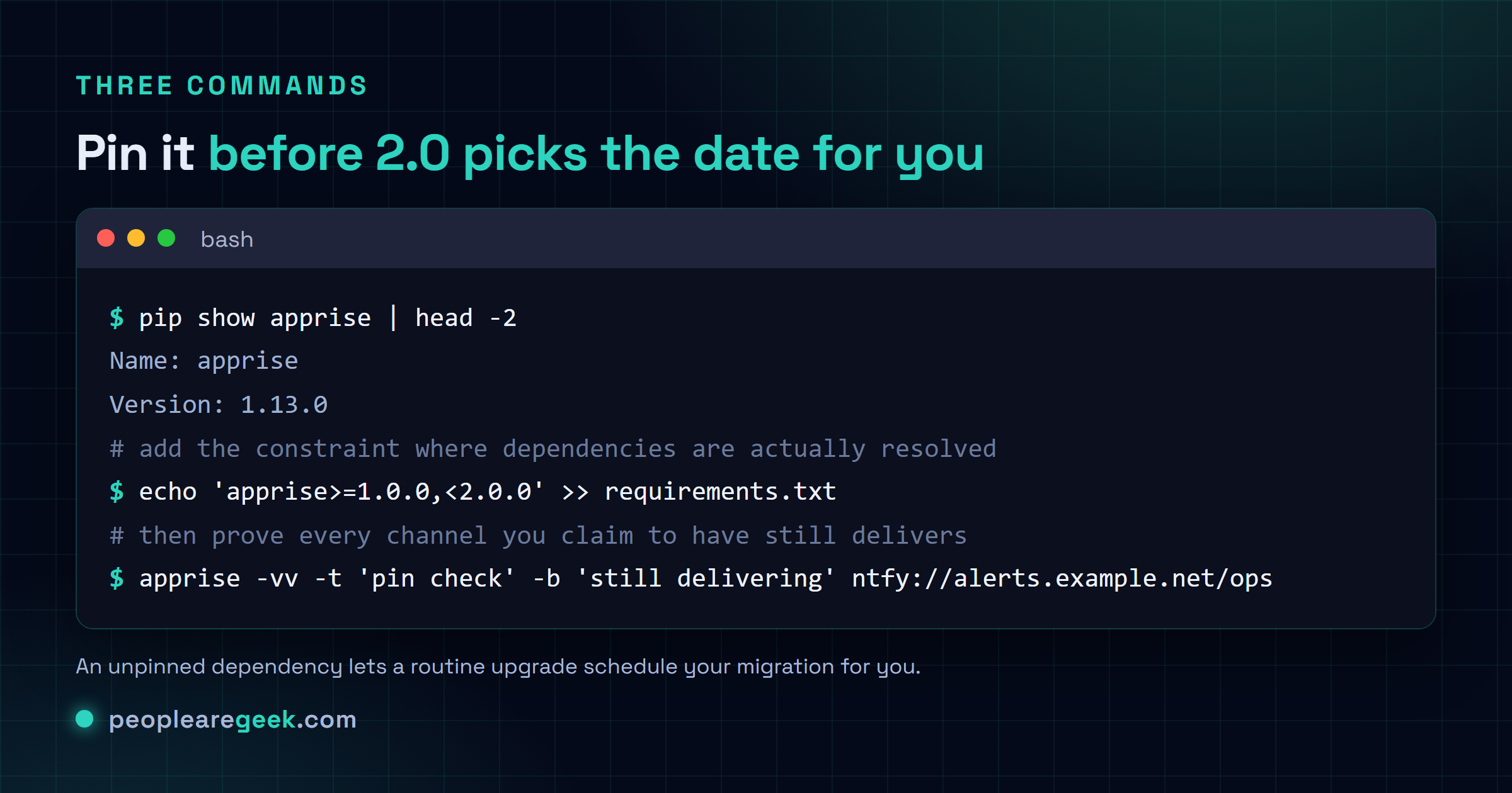 Session de terminal montrant comment vérifier la version d'Apprise installée avec pip show apprise, ajouter la contrainte apprise supérieur ou égal à 1.0.0 et inférieur à 2.0.0 dans un fichier de dépendances, et vérifier qu'une notification part toujours avec l'outil en ligne de commande apprise.