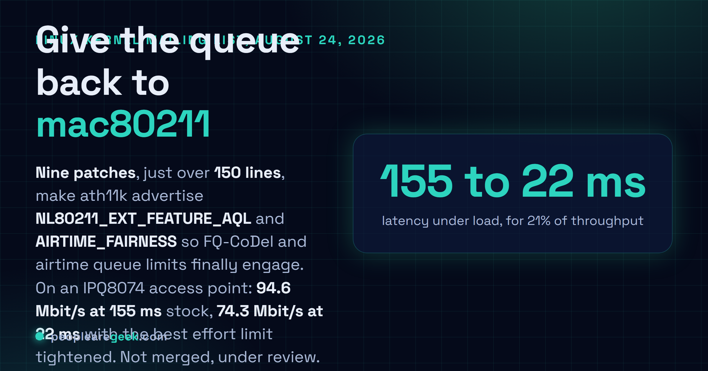Carte réponse résumant la série de correctifs ath11k publiée le 24 août 2026 : neuf correctifs, un peu plus de 150 lignes, remise de la file d'émission sous le contrôle de mac80211, latence en charge passant de 155 millisecondes à 22 millisecondes sur un point d'accès IPQ8074.
