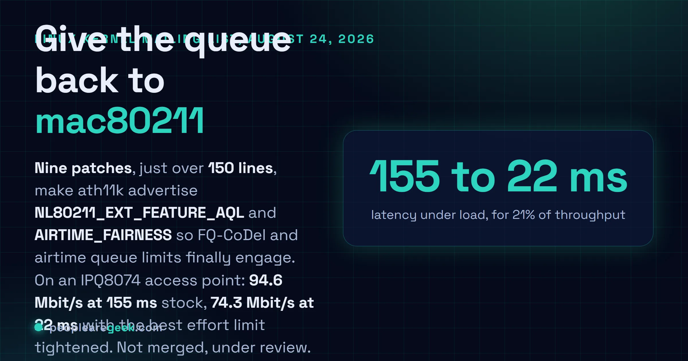 Carte réponse résumant la série de correctifs ath11k publiée le 24 août 2026 : neuf correctifs, un peu plus de 150 lignes, remise de la file d'émission sous le contrôle de mac80211, latence en charge passant de 155 millisecondes à 22 millisecondes sur un point d'accès IPQ8074.