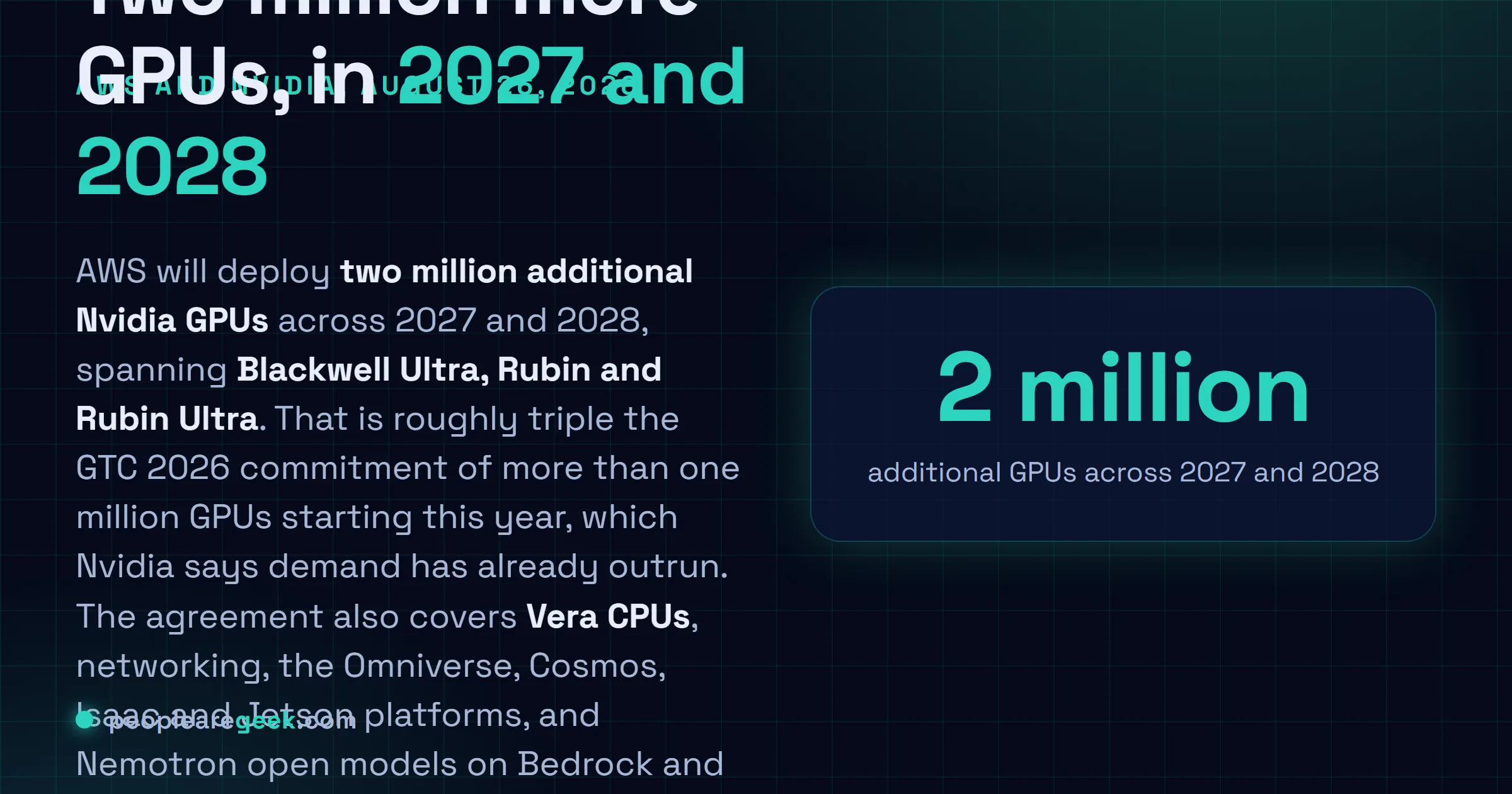 Carte réponse résumant l'annonce AWS et Nvidia du 26 août 2026 : deux millions de GPU Blackwell Ultra, Rubin et Rubin Ultra déployés sur 2027 et 2028, cinq mois après un engagement portant sur un million de GPU, avec en plus des processeurs Vera, du réseau et les modèles ouverts Nemotron.