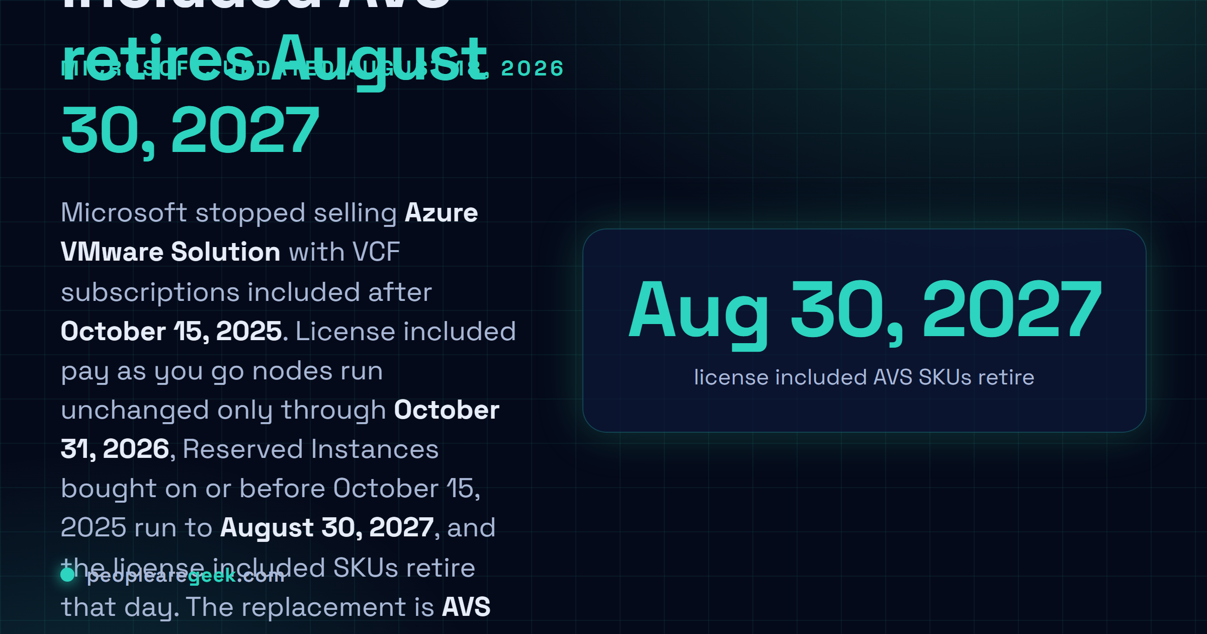 Carte réponse : Microsoft retire les références Azure VMware Solution licence incluse le 30 août 2027, les nœuds à la demande licence incluse ne fonctionnent sans changement que jusqu'au 31 octobre 2026, et les clients doivent apporter leur propre abonnement VMware Cloud Foundation acheté chez Broadcom dans l'option AVS VCF BYOL, disponible dans les 39 régions AVS à un prix inférieur à la référence groupée.