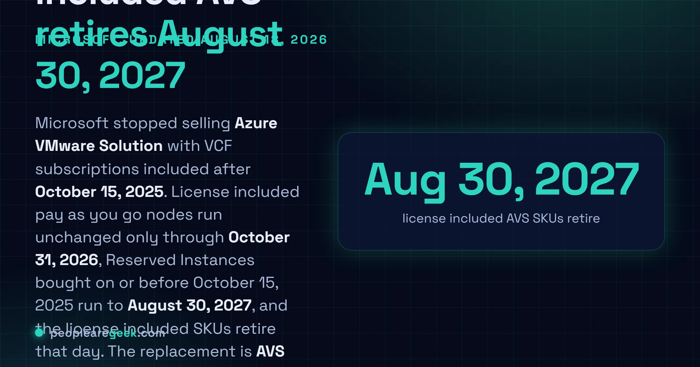 Answer card: Microsoft will retire the Azure VMware Solution license included SKUs on August 30 2027, license included pay as you go nodes run unchanged only through October 31 2026, and customers must bring their own VMware Cloud Foundation subscription purchased from Broadcom into the AVS VCF BYOL option, available in all 39 AVS regions at a lower price than the bundled SKU.