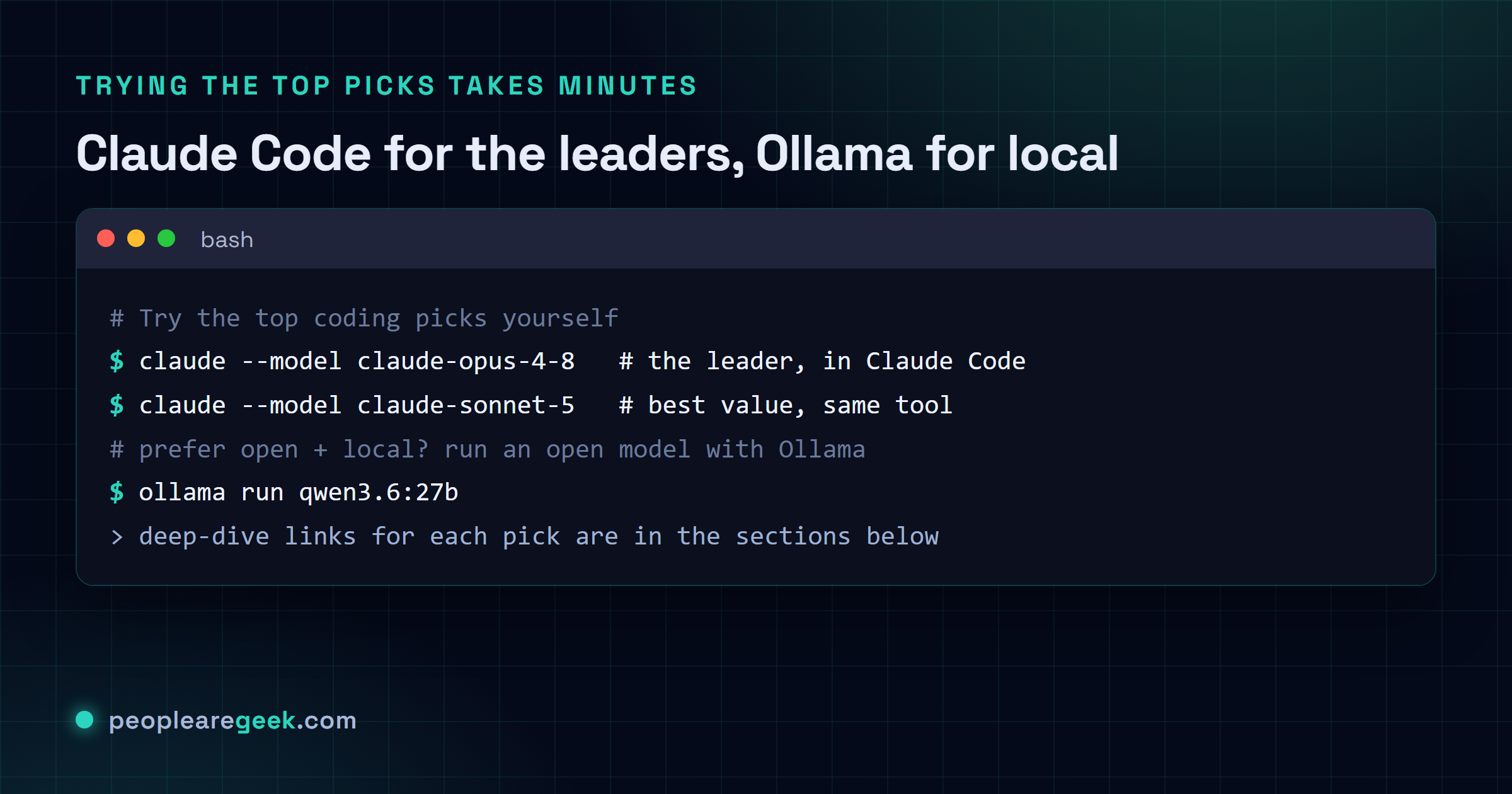Terminal montrant comment essayer les meilleurs modèles de code : lancer Claude Code avec les modèles Opus 4.8 et Sonnet 5, et faire tourner un Qwen ouvert en local avec Ollama.