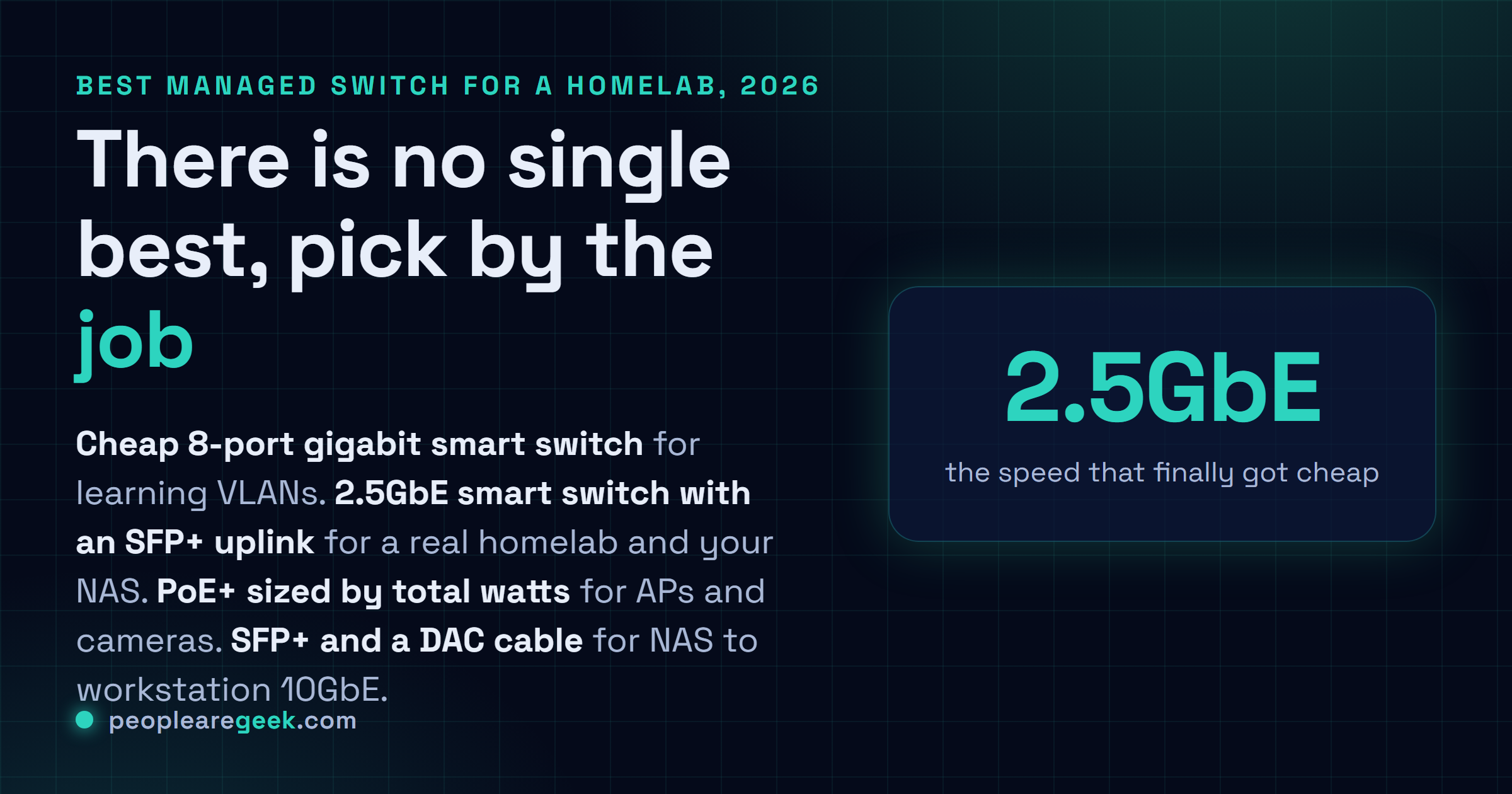 Carte réponse : pas de meilleur switch manageable unique, choisis par usage. 8 ports gigabit pas cher pour les VLAN, un smart switch 2.5GbE avec uplink SFP+ par défaut, du PoE+ dimensionné par watts, du SFP+ et un câble DAC pour le 10GbE.