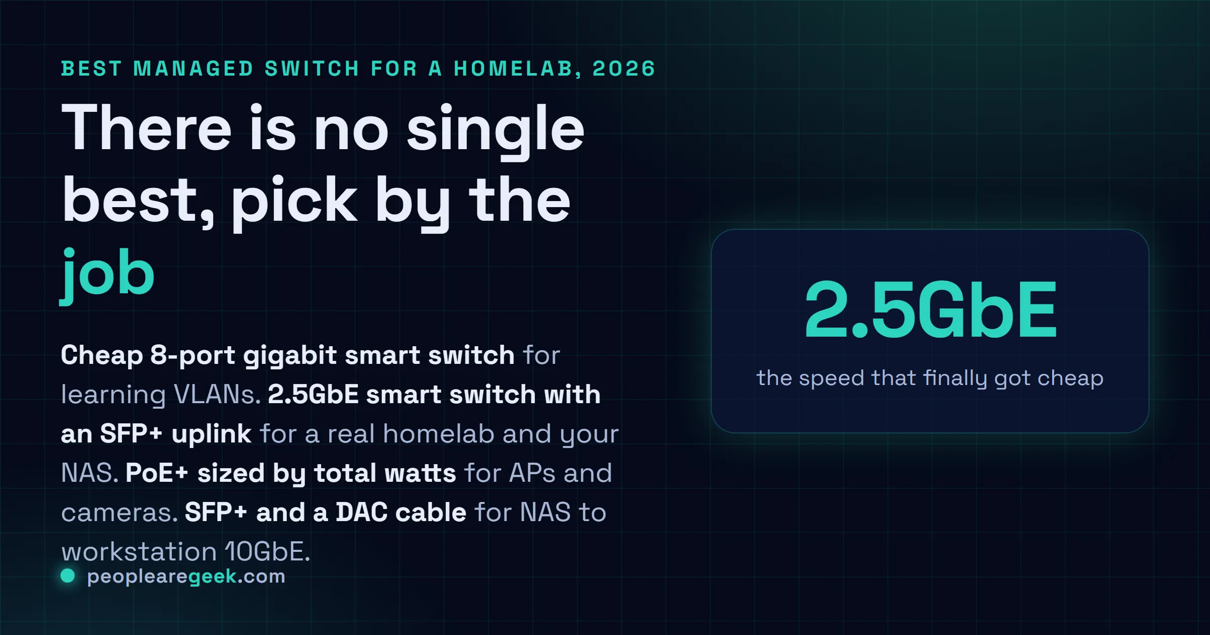 Carte réponse pour le meilleur switch manageable pour un homelab en 2026 : 8 ports gigabit pas cher pour les VLAN, un smart switch 2.5GbE avec uplink SFP+ par défaut, du PoE+ dimensionné par watts, et du SFP+ avec un câble DAC pour le 10GbE.