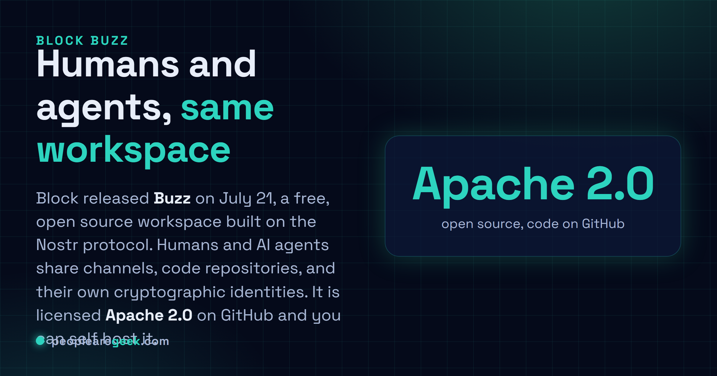 Carte reponse : Block a lance Buzz le vingt et un juillet, un espace de travail open source Apache 2.0 bati sur le protocole Nostr ou humains et agents IA partagent canaux, depots de code et leurs propres identites cryptographiques portables.