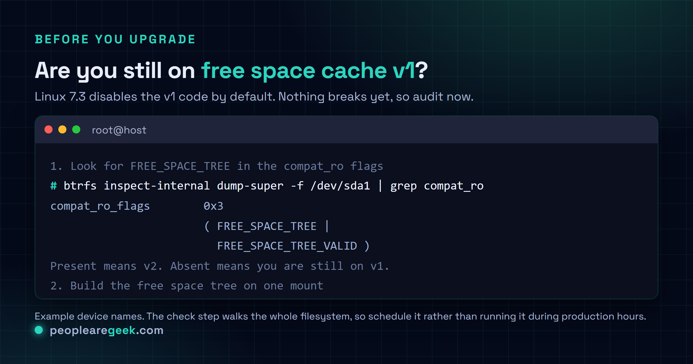 Carte terminal montrant comment vérifier si un système de fichiers Btrfs utilise encore le cache d'espace libre version un, en affichant le superbloc et en cherchant FREE_SPACE_TREE dans les drapeaux compat_ro, puis comment migrer en montant avec space_cache=v2 et en effaçant l'ancien cache avec btrfs check.