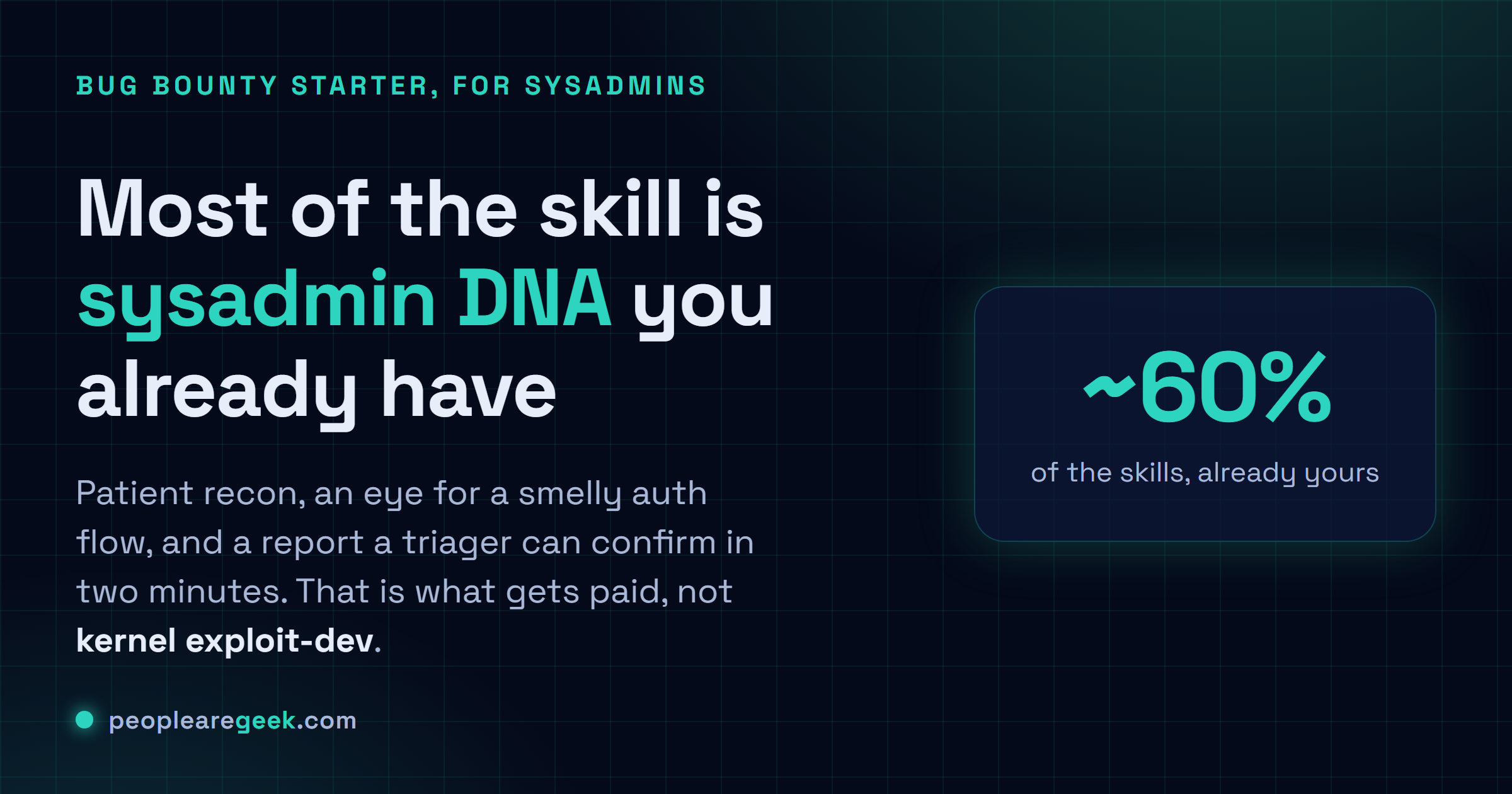 Answer card: roughly 60 percent of the skills you need you already have as a sysadmin, and the report is what gets paid.