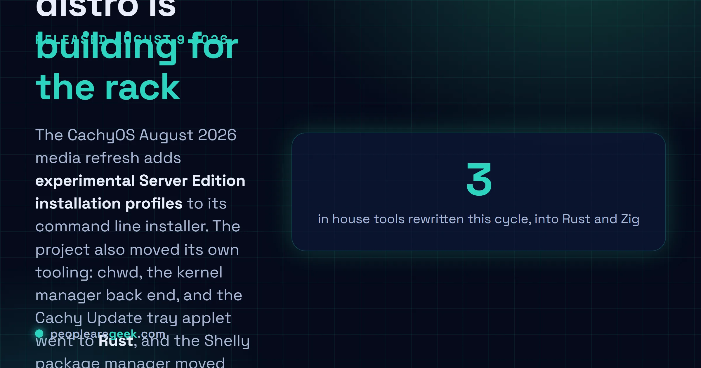 Answer card: the CachyOS August 2026 release published on August 9 adds experimental Server Edition installation profiles to the CLI installer, rewrites the chwd kernel manager back end and the Cachy Update tray applet from C plus plus to Rust, and moves the Shelly graphical package manager from C sharp to Zig, removing a managed runtime dependency.