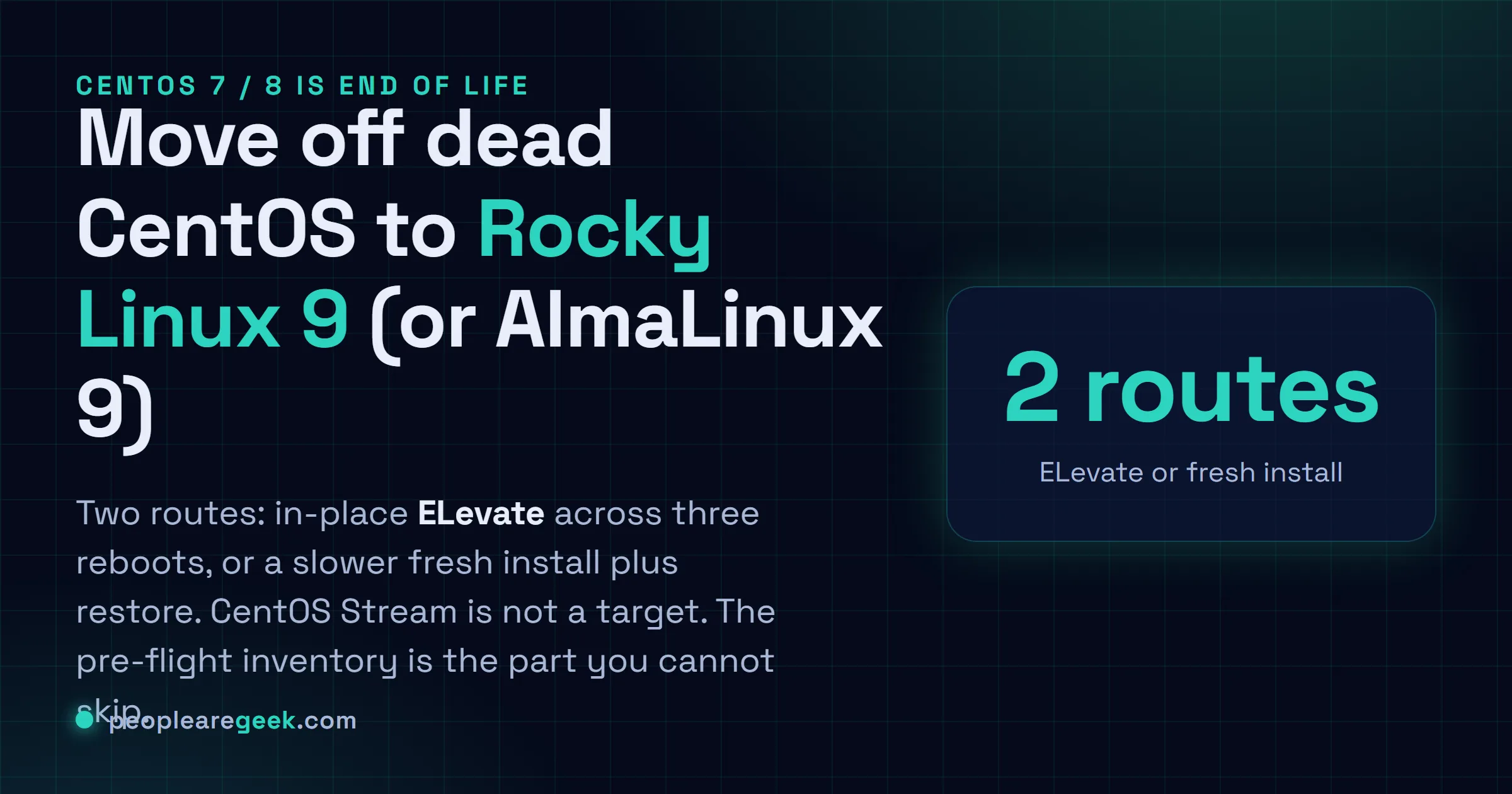 Carte réponse pour migrer d'un CentOS 7 ou 8 en fin de vie vers Rocky Linux 9 ou AlmaLinux 9 : deux voies, in-place ELevate ou réinstallation propre, avec un inventaire préalable obligatoire.