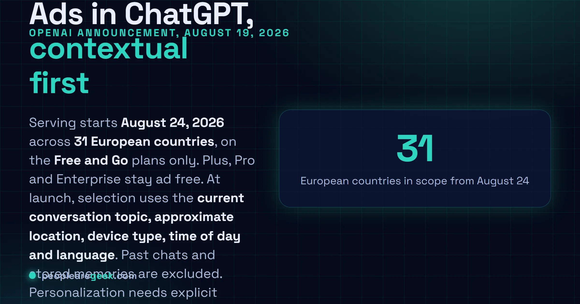 Answer card: OpenAI begins serving ChatGPT Ads in 31 European countries on August 24, 2026, limited to the Free and Go plans while Plus, Pro and Enterprise remain ad free, with ad selection at launch drawing only on the current conversation topic, approximate location, device type, time of day and language, and with past chats and stored memories explicitly excluded.