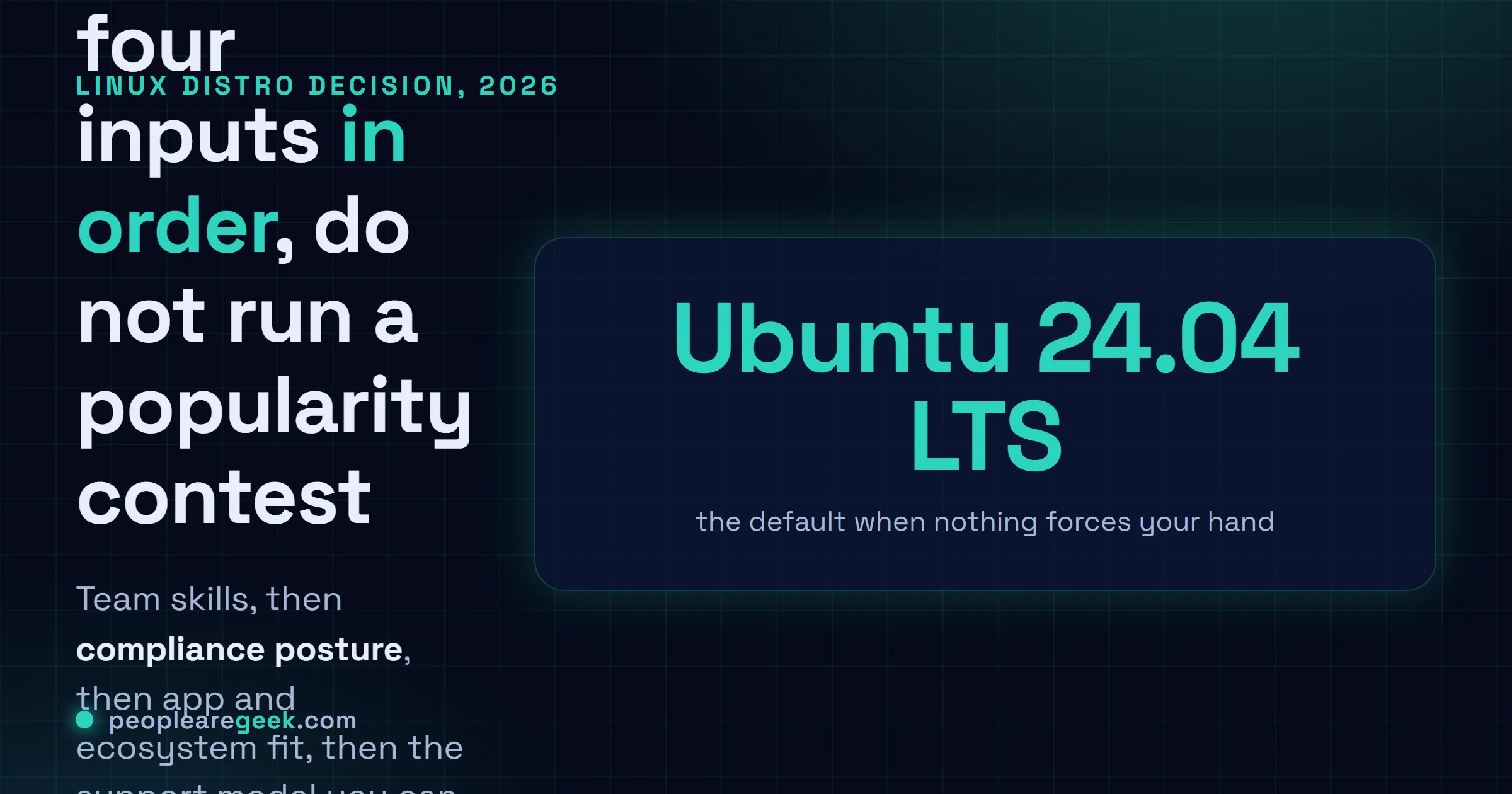 Carte réponse pour choisir une distribution Linux en 2026 : peser compétences, conformité, pile applicative et modèle de support dans l'ordre, puis retomber sur Ubuntu 24.04 LTS.