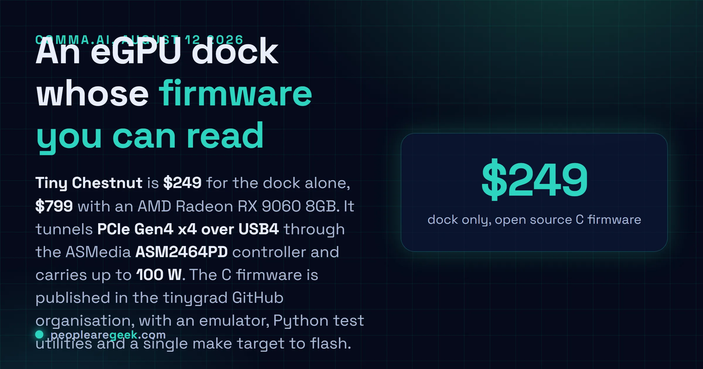 Answer card describing the Comma.ai Tiny Chestnut dock announced on August 12, 2026, a PCIe Gen4 x4 to USB4 enclosure at 249 dollars or 799 dollars with a Radeon RX 9060, built on the ASMedia ASM2464PD controller and running open source C firmware published in the tinygrad GitHub organisation.
