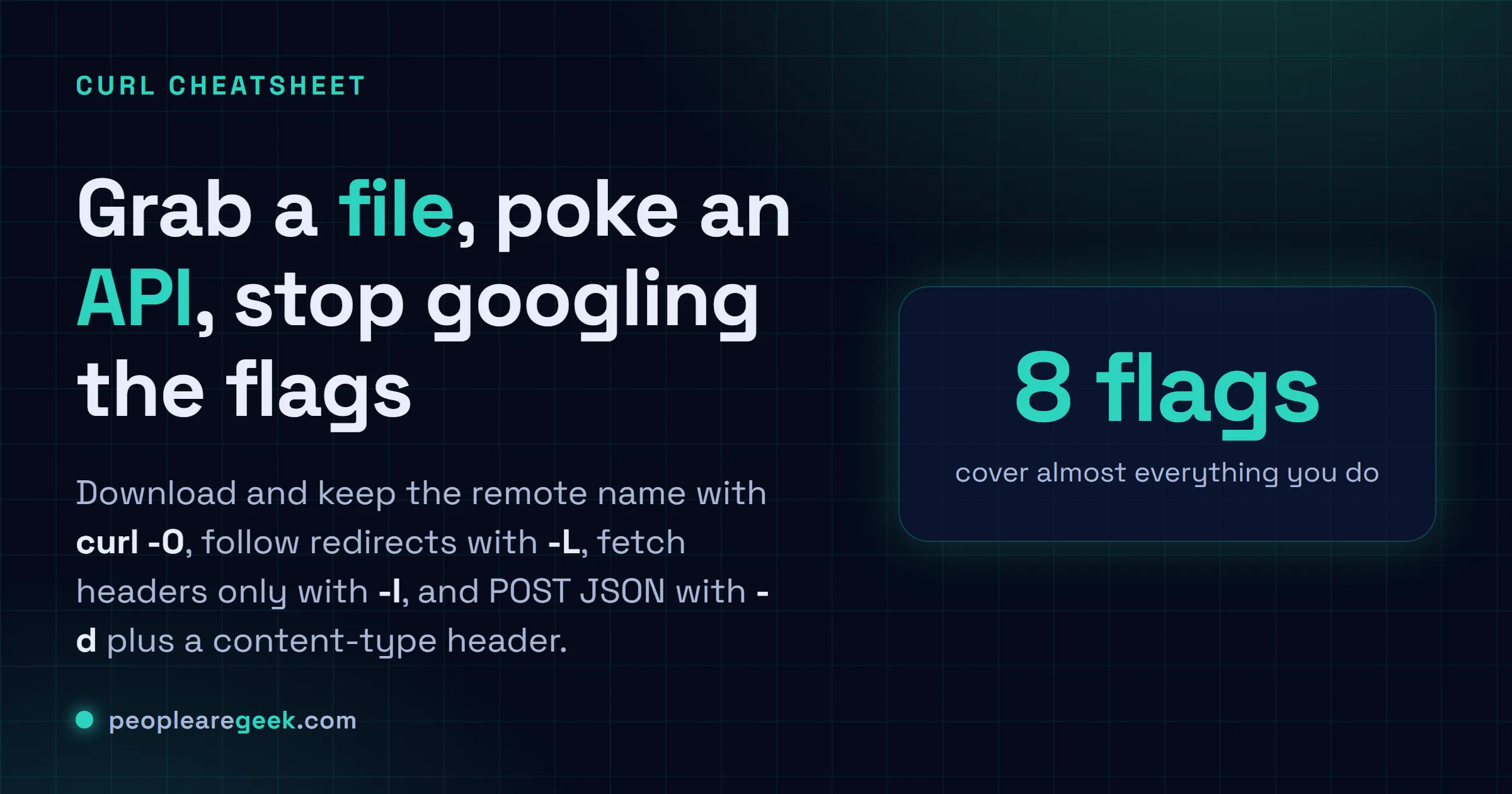 Carte réponse de l'antisèche curl : télécharger en gardant le nom distant avec curl -O, suivre les redirections avec -L, récupérer les en-têtes seuls avec -I, et faire un POST JSON avec -d.