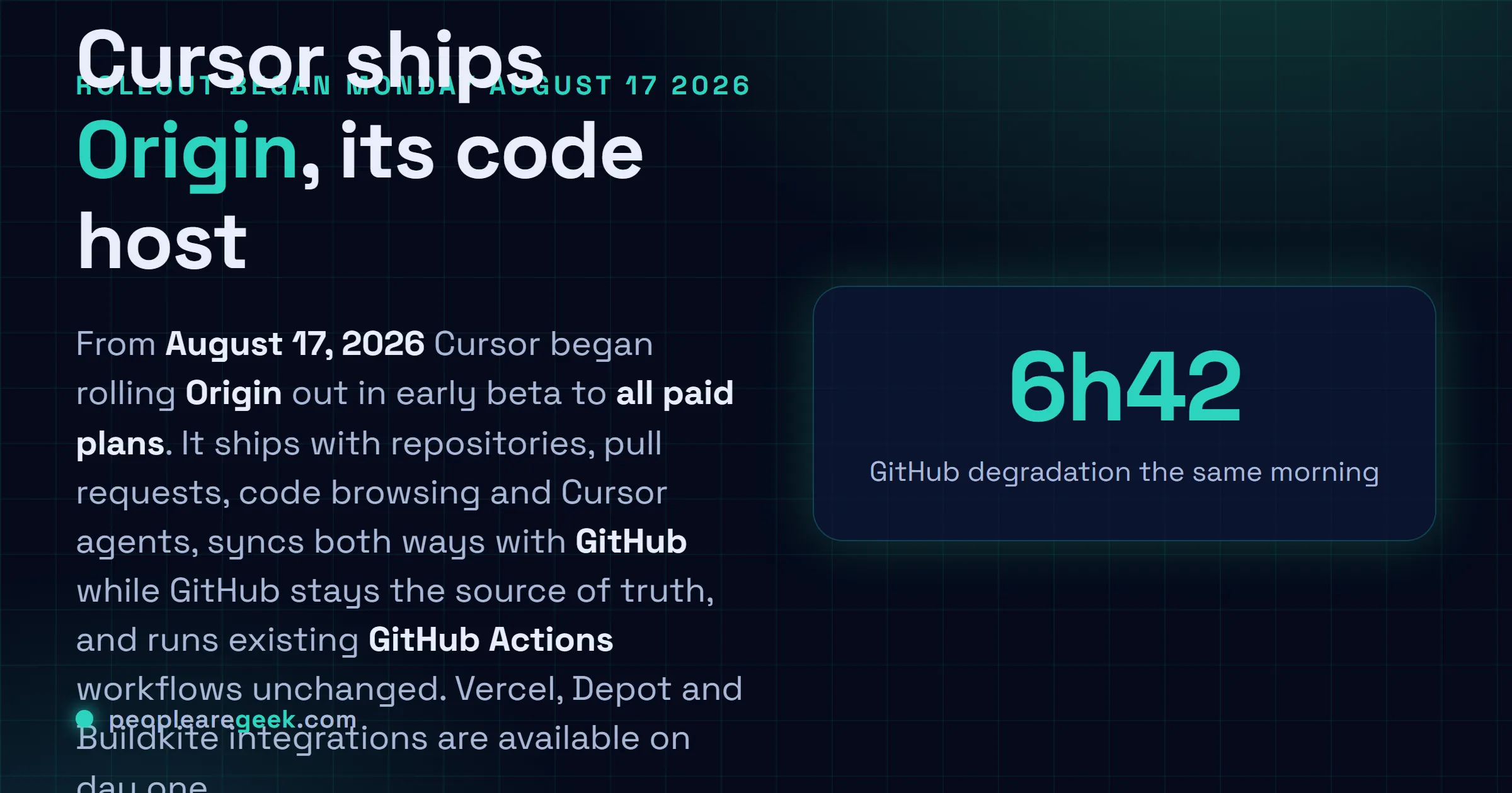 Carte réponse : Cursor a déployé Origin, sa plateforme d'hébergement de code, sur toutes les offres payantes à partir du 17 août 2026, avec dépôts, demandes de fusion, synchronisation GitHub bidirectionnelle et intégrations Vercel, Depot et Buildkite dès le premier jour.