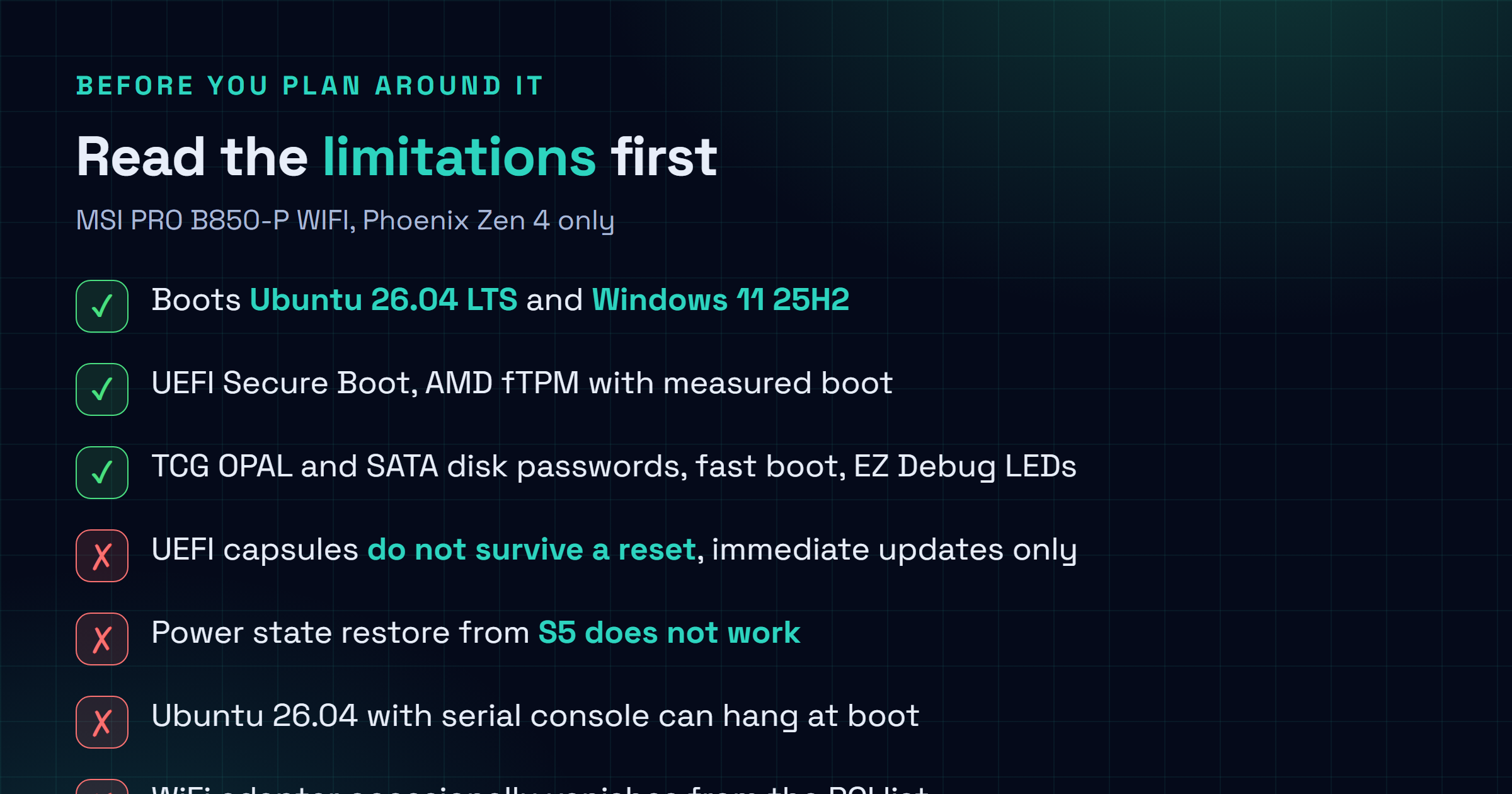 Checklist figure listing what works and what does not in Dasharo v0.9.0 for the MSI PRO B850-P WIFI: Ubuntu 26.04 LTS and Windows 11 25H2 boot, UEFI Secure Boot works, AMD fTPM with measured boot works, TCG OPAL and SATA disk passwords work, while UEFI capsules do not survive a reset, S5 power state restore does not work, Ubuntu with serial console can hang at boot, and the WiFi adapter occasionally vanishes from the PCI list.