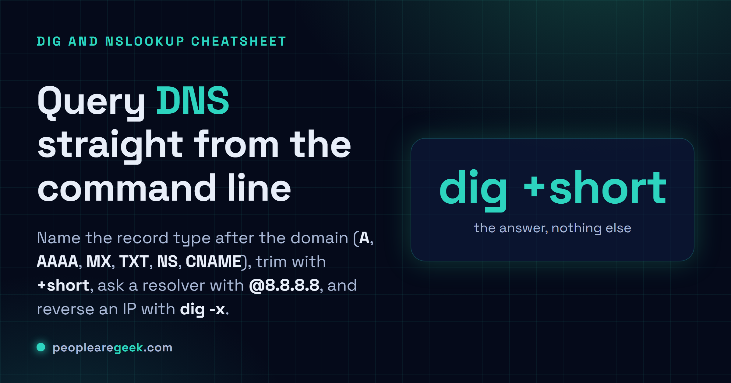Fiche reponse : interroger A et AAAA avec dig, MX, TXT, NS et CNAME, reduire avec +short, tracer depuis la racine avec +trace, viser @8.8.8.8, et recherche inverse avec dig -x.
