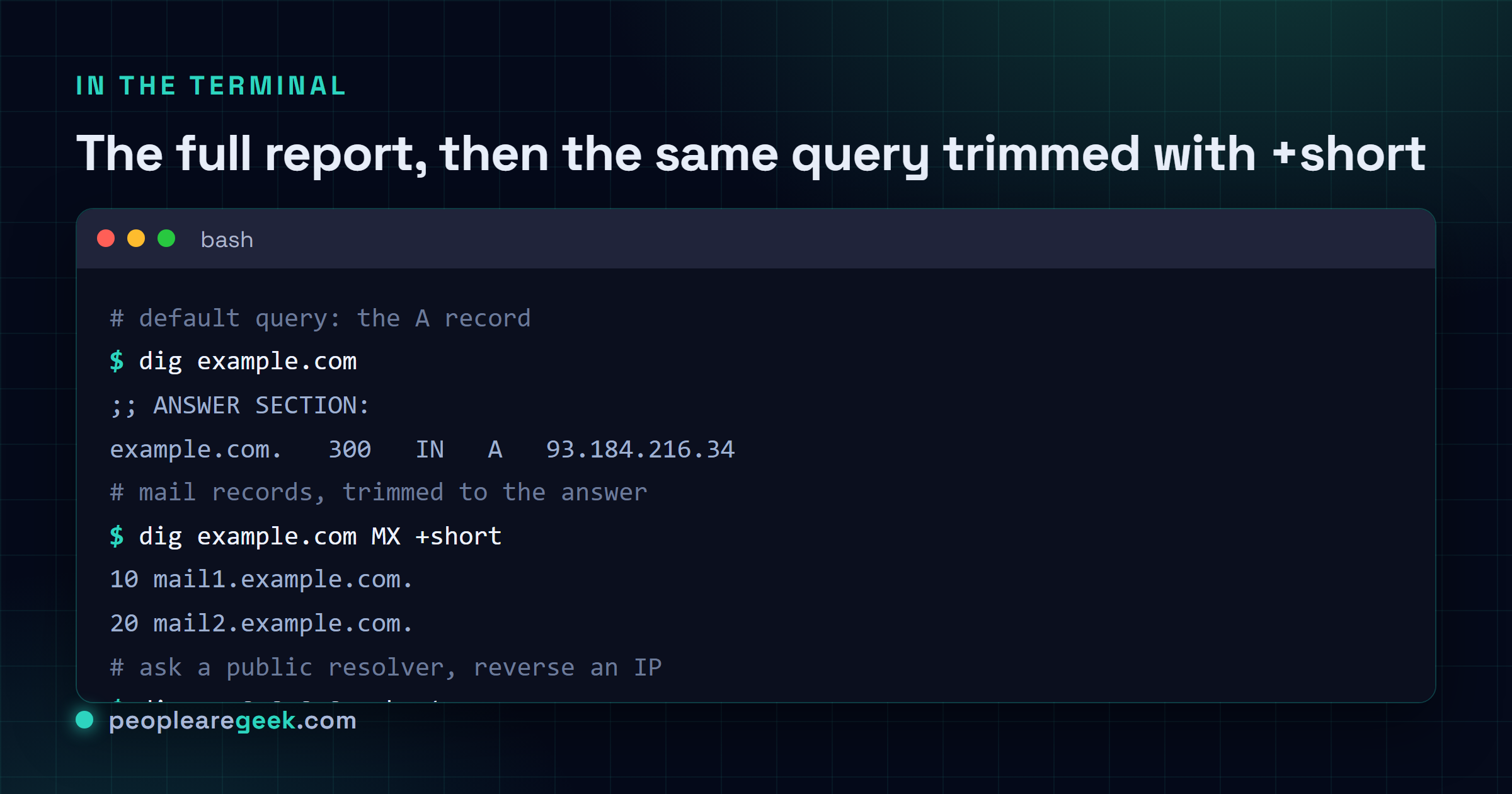 Terminal montrant dig example.com pour l'enregistrement A puis dig example.com MX +short renvoyant deux serveurs de messagerie avec leurs priorites.