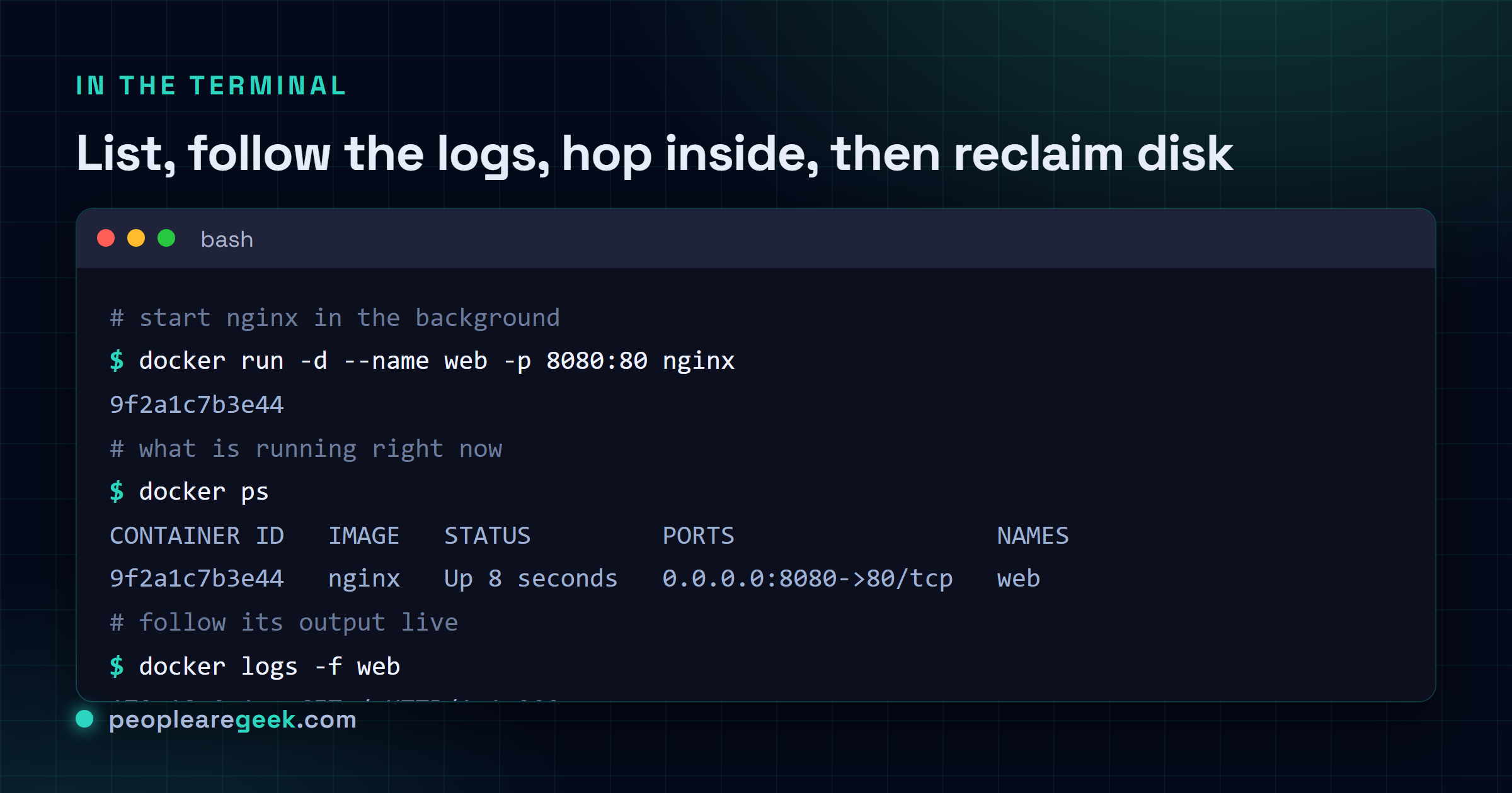 Terminal session running docker ps to list containers, docker logs -f web to follow output, docker exec -it web sh to get a shell, and docker system prune to reclaim disk space.