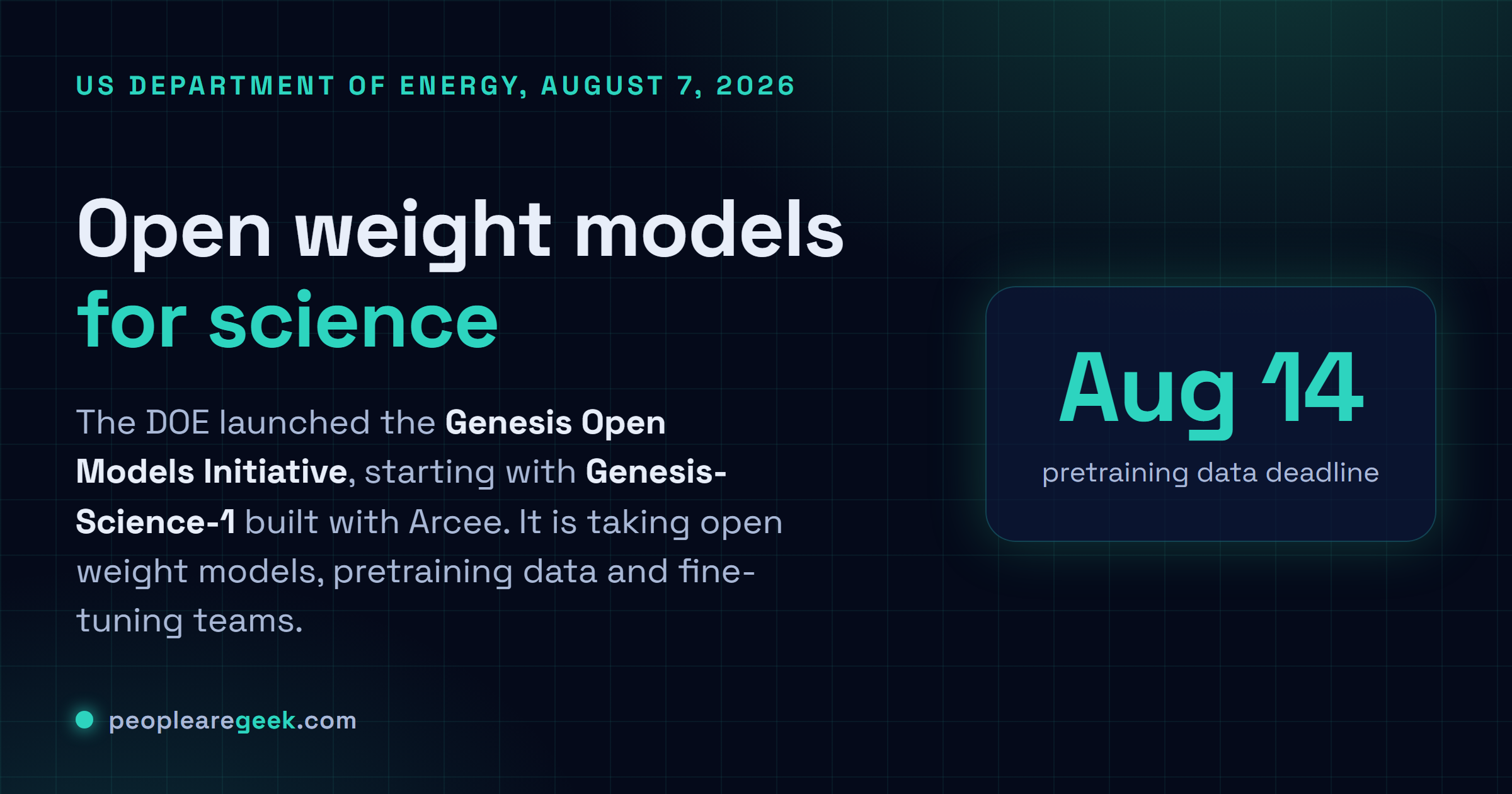 Carte réponse intitulée des modèles à poids ouverts pour la science, expliquant que le département américain de l'Énergie a lancé la Genesis Open Models Initiative le 7 août 2026, que le premier modèle est Genesis-Science-1 construit avec Arcee, et mettant en avant le 14 août comme date de clôture des contributions de données de pré-entraînement.