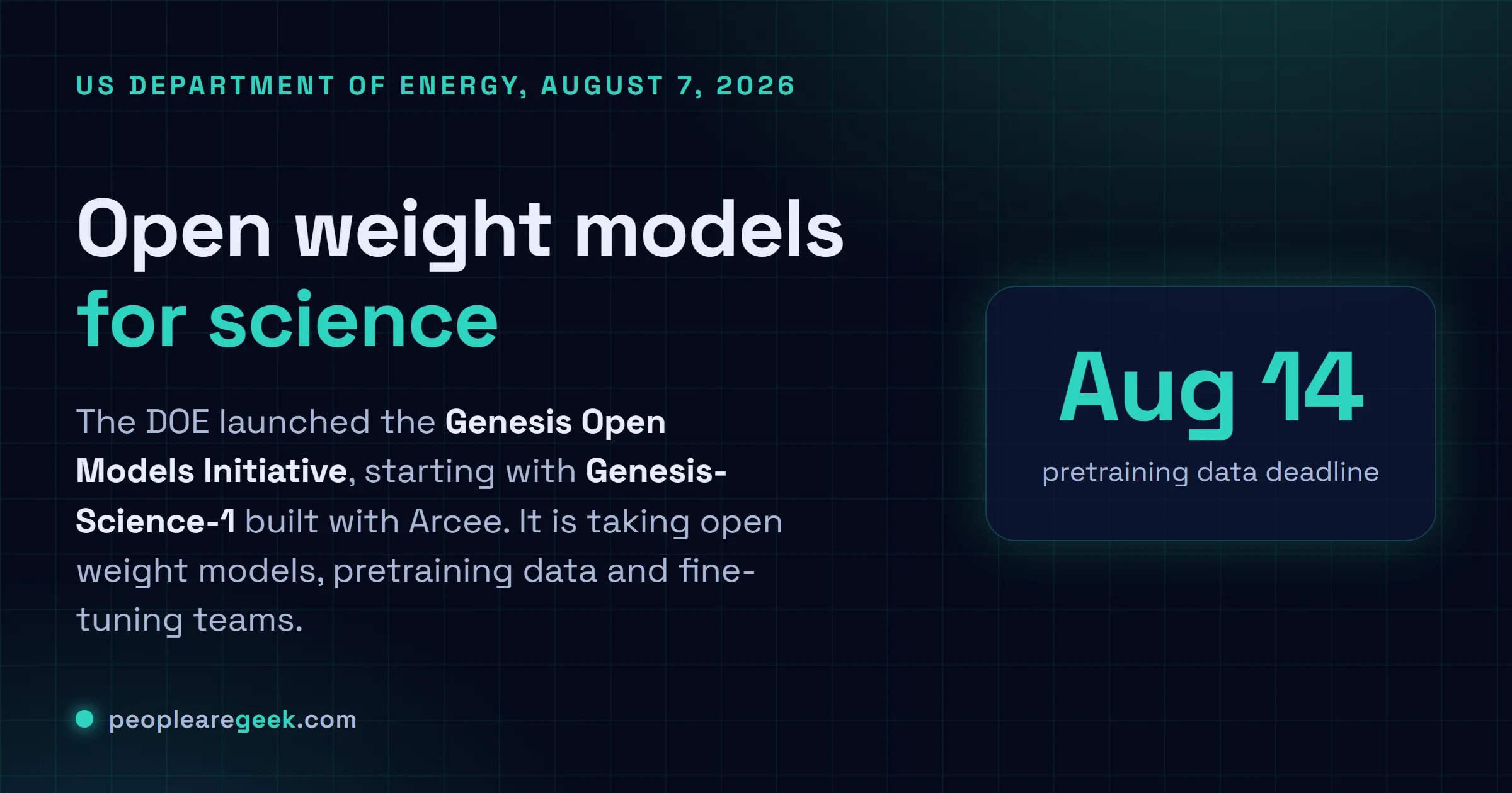 Carte réponse intitulée des modèles à poids ouverts pour la science, expliquant que le département américain de l'Énergie a lancé la Genesis Open Models Initiative le 7 août 2026, que le premier modèle est Genesis-Science-1 construit avec Arcee, et mettant en avant le 14 août comme date de clôture des contributions de données de pré-entraînement.