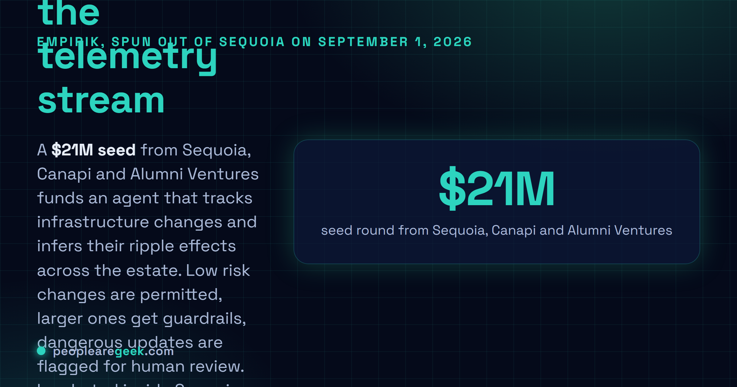 Answer card: Empirik spun out of Sequoia Capital on September 1 2026 with twenty one million dollars in seed funding, building an agent that predicts outages by modelling the ripple effects of infrastructure changes.
