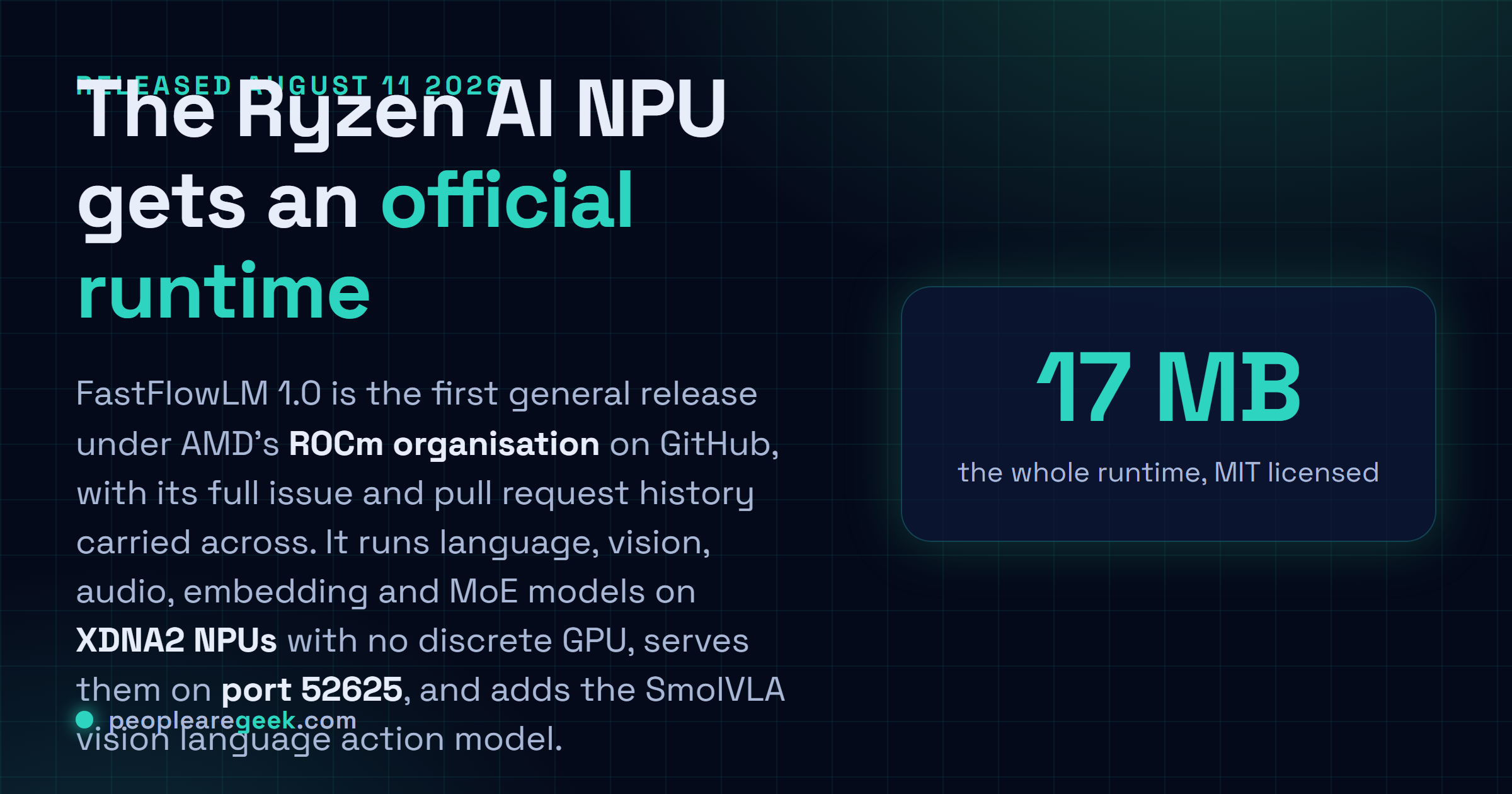 Answer card describing FastFlowLM 1.0 as the first general release under the AMD ROCm organisation on GitHub, an MIT licensed runtime that executes language models on Ryzen AI XDNA2 neural processing units without a discrete GPU, in a 17 megabyte install supporting context lengths up to 256k tokens.