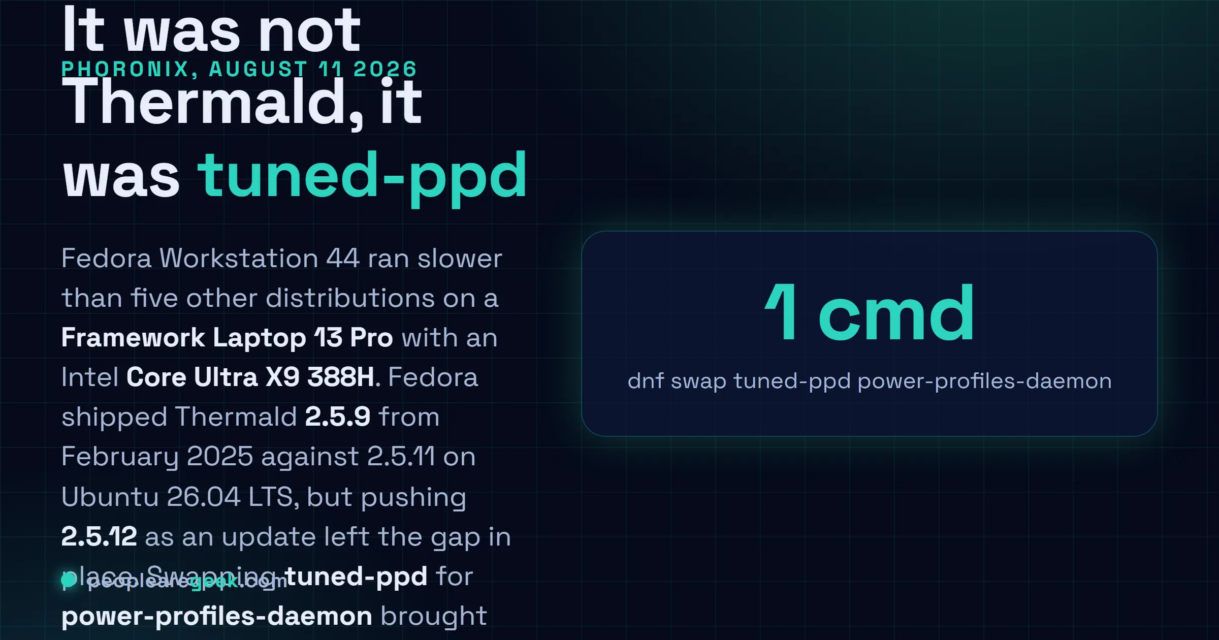 Answer card explaining that Fedora Workstation 44 ran slower than five other Linux distributions on a Framework Laptop 13 Pro with an Intel Core Ultra X9 388H, that updating Intel Thermald from 2.5.9 to 2.5.12 did not resolve it, and that replacing tuned-ppd with power-profiles-daemon restored competitive performance.