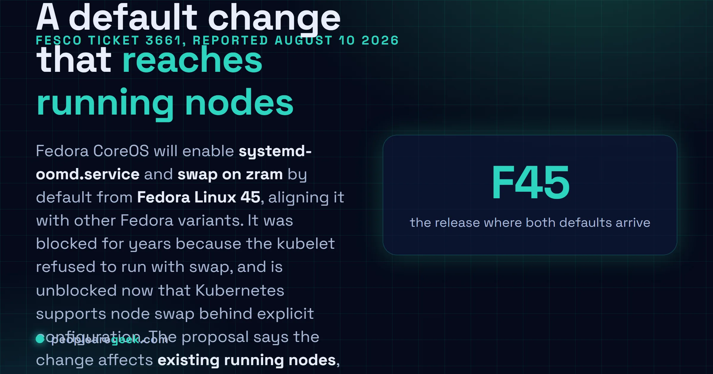 Carte réponse : le comité d'ingénierie et de pilotage de Fedora a approuvé le ticket 3661 pour activer systemd-oomd.service et le swap sur zram par défaut dans Fedora CoreOS à partir de Fedora Linux 45, alignant CoreOS sur les autres variantes de Fedora, le changement touchant les nœuds déjà en service autant que les nouvelles installations et demandant de l'attention pour les grappes Kubernetes.