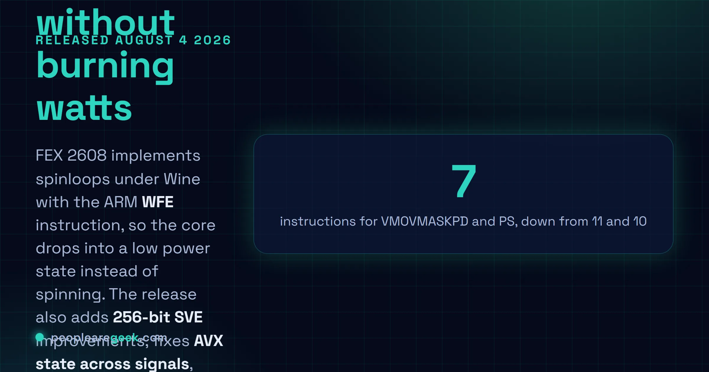 Answer card: FEX 2608, released August 4 2026, implements spinloops under Wine using the ARM WFE instruction so the core enters a low power state while waiting on an atomic, adds 256-bit SVE improvements, fixes AVX signal state save and restore, and removes the deprecated FEXInterpreter binary after nearly a year.