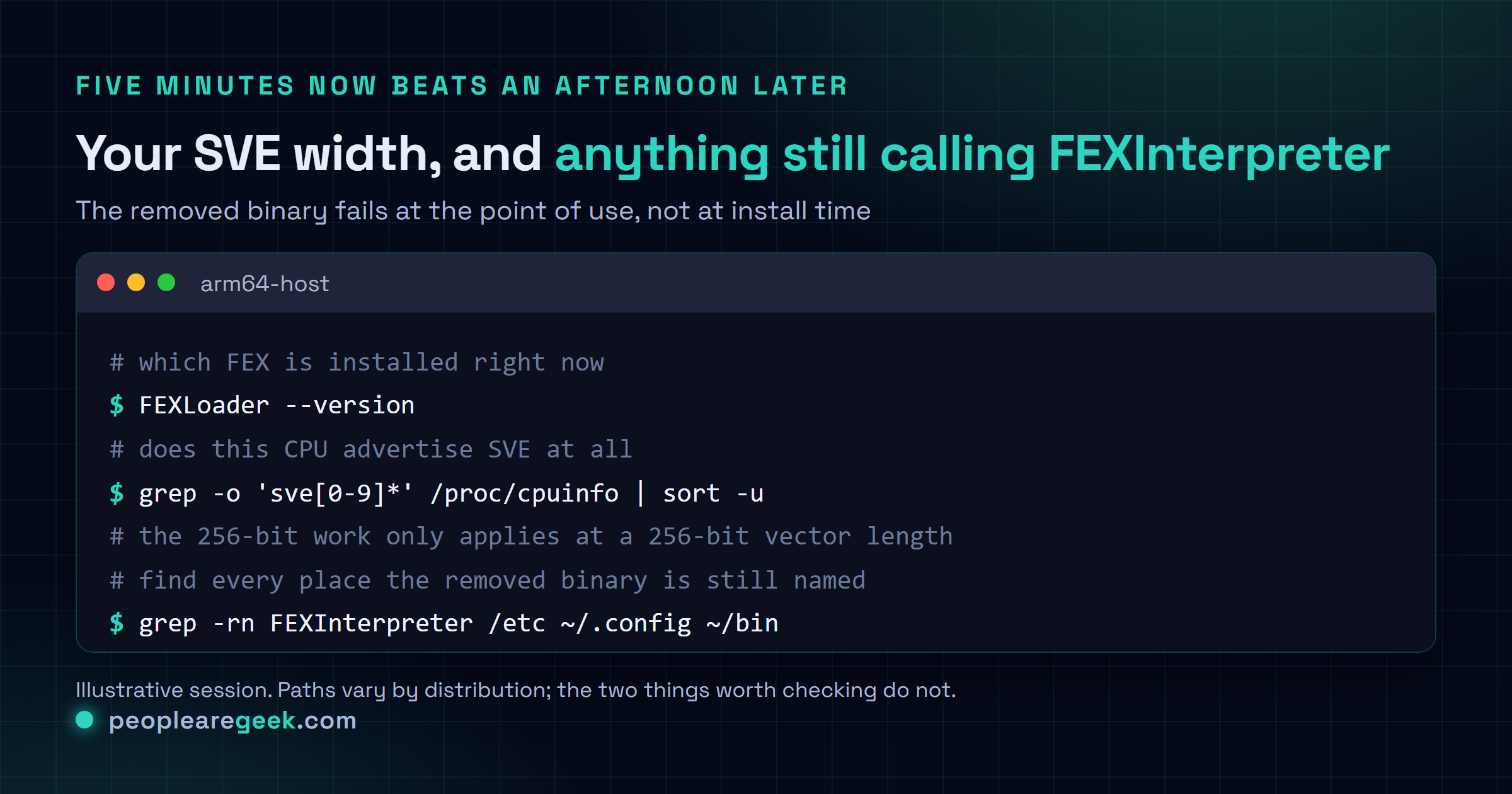 Terminal card showing how to check an ARM64 system before upgrading to FEX 2608: confirming the installed FEX version, checking whether the CPU reports SVE support and at what vector length, and grepping local scripts and binfmt registrations for the removed FEXInterpreter binary name.