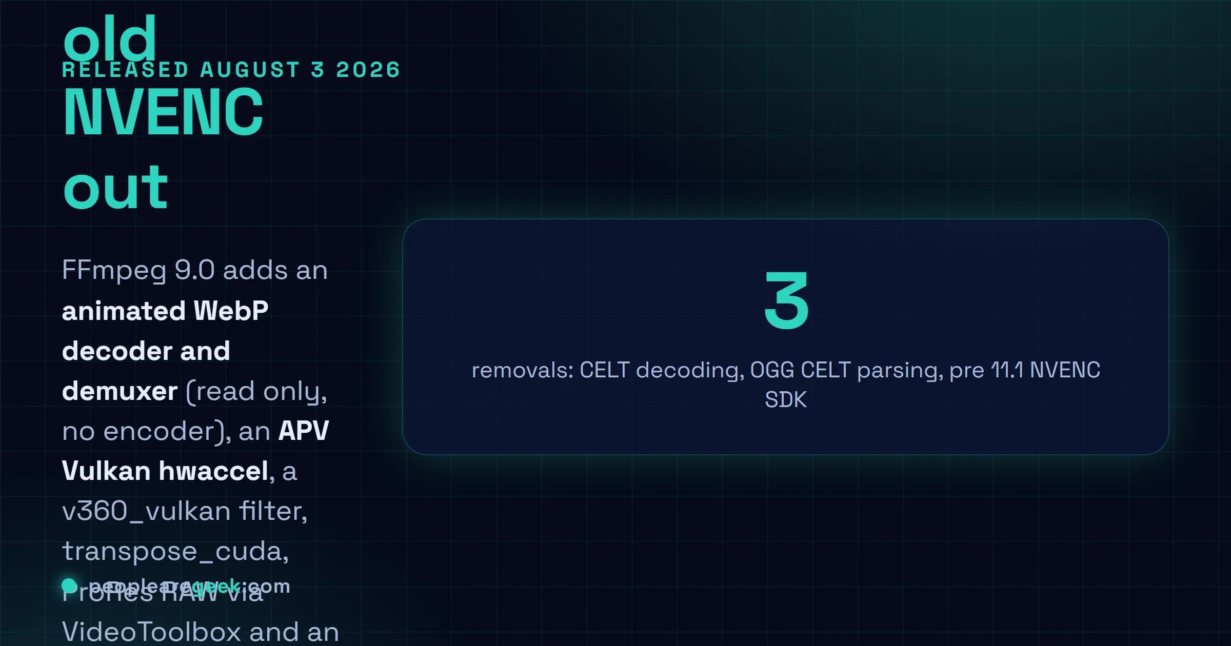 Carte réponse : FFmpeg 9.0 est sorti le 3 août 2026 avec un décodeur et un démultiplexeur WebP animé, une accélération matérielle APV en Vulkan, quatre ajouts AMD AMF et un backend DNN ONNX Runtime, tout en retirant le décodage CELT, l'analyse OGG CELT et des options NVENC obsolètes.
