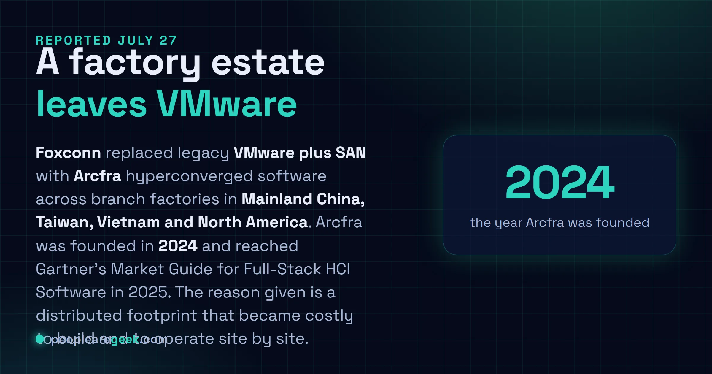 Carte réponse : en juillet 2026 Foxconn a remplacé son architecture VMware et SAN historique par le logiciel hyperconvergé Arcfra dans ses usines annexes de Chine continentale, Taïwan, Vietnam et Amérique du Nord, couvrant intranet, ERP, gestion de production et des lignes, développement et test, et postes de travail virtuels.