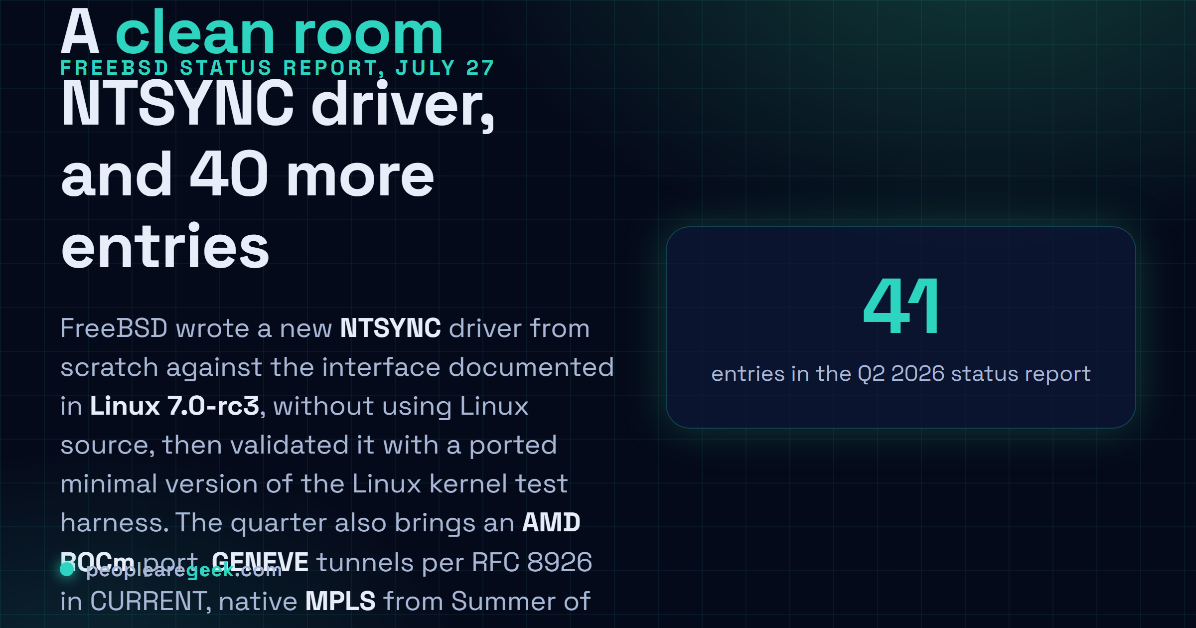 Carte réponse : le rapport d'activité FreeBSD du deuxième trimestre 2026 compte 41 entrées, dont un pilote NTSYNC réécrit compatible avec l'interface Linux 7.0, un portage AMD ROCm, la prise en charge des tunnels GENEVE, du MPLS natif issu du Summer of Code 2026 et le contrôle complet du CPUID dans bhyve.