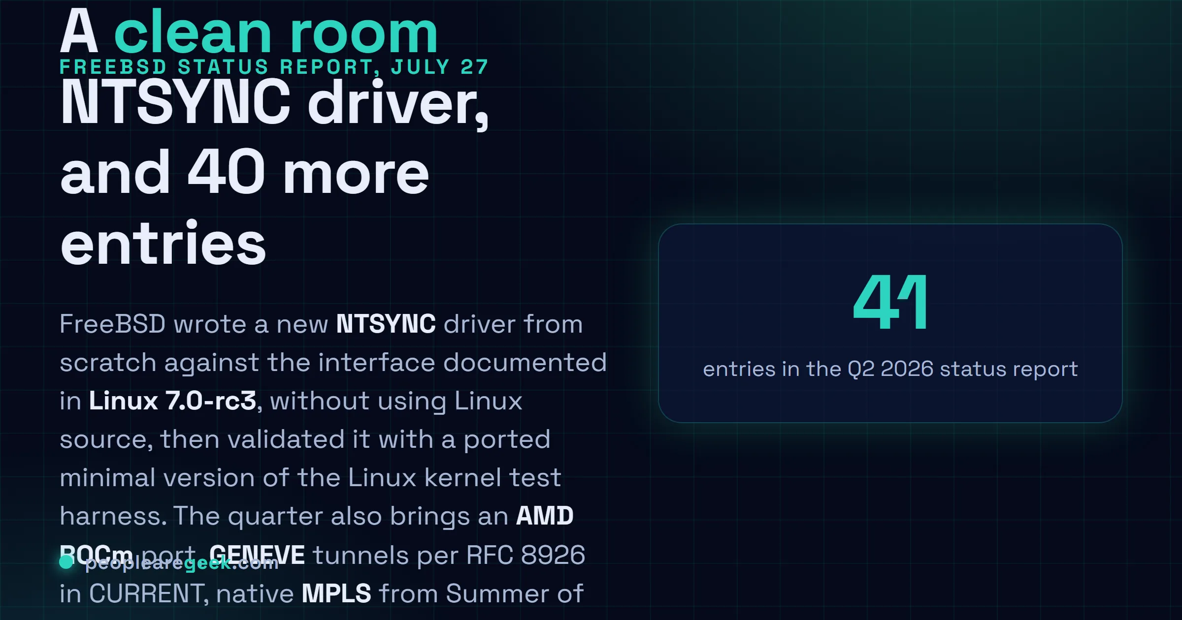 Carte réponse : le rapport d'activité FreeBSD du deuxième trimestre 2026 compte 41 entrées, dont un pilote NTSYNC réécrit compatible avec l'interface Linux 7.0, un portage AMD ROCm, la prise en charge des tunnels GENEVE, du MPLS natif issu du Summer of Code 2026 et le contrôle complet du CPUID dans bhyve.