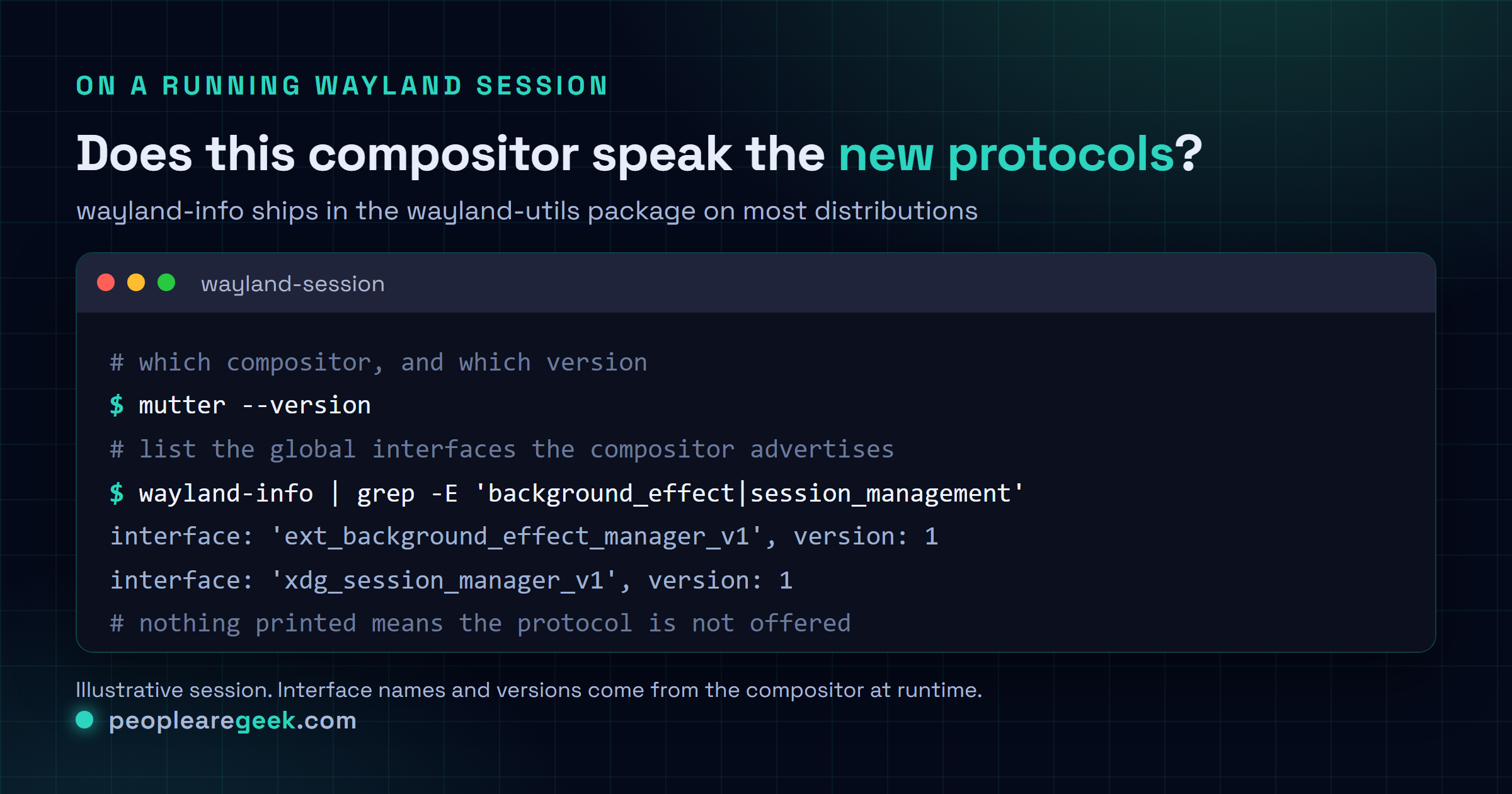 Terminal card showing how to check whether a running Wayland compositor advertises the background effect and session management protocols, using wayland-info piped through grep, and how to read the Mutter version with mutter --version.