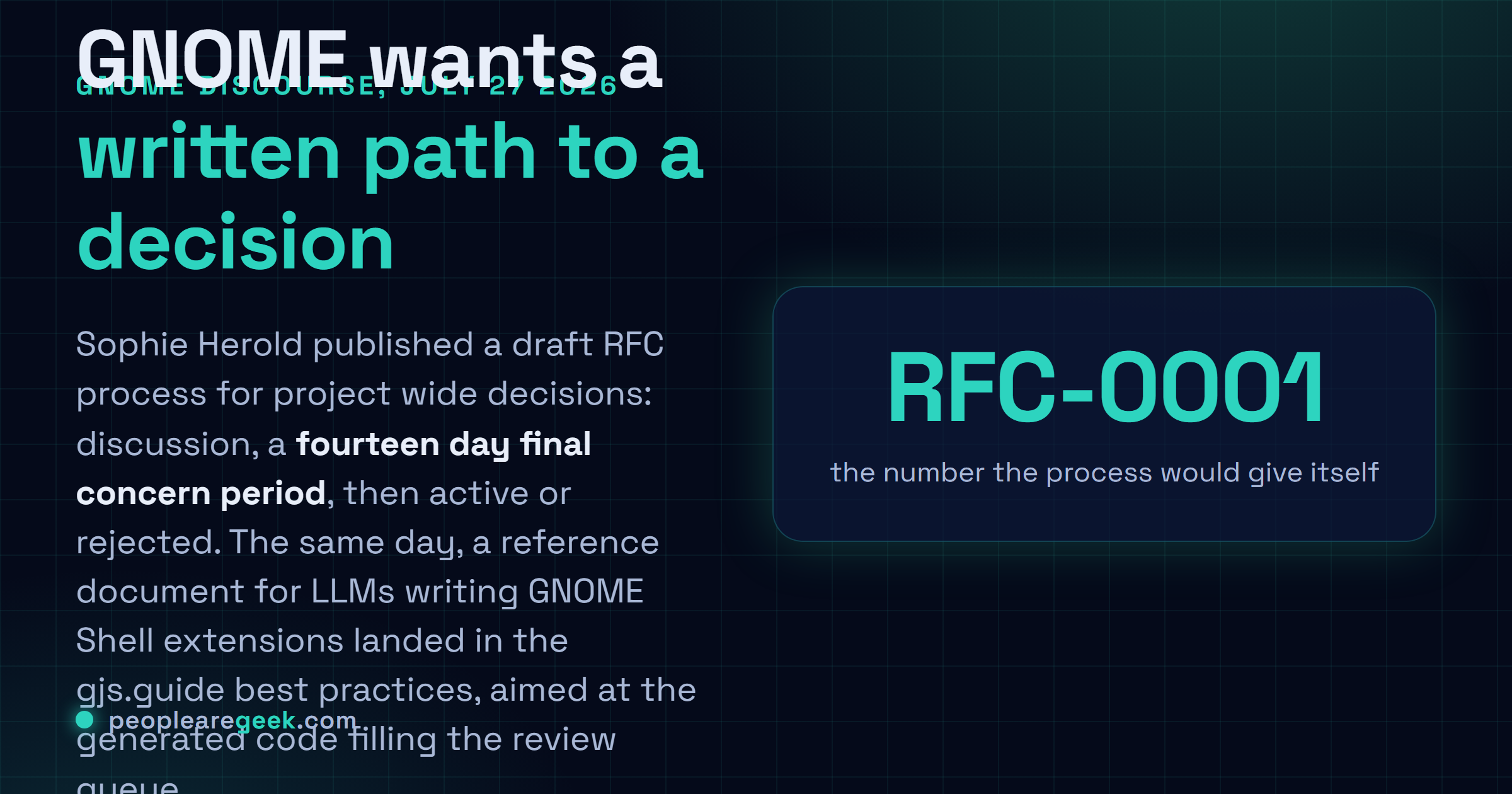Carte réponse : GNOME discute d'un processus RFC formel proposé par Sophie Herold le 27 juillet 2026, avec une période de préoccupations finales de quatorze jours, aux côtés d'un document de référence apprenant aux modèles à écrire correctement une extension GNOME Shell.