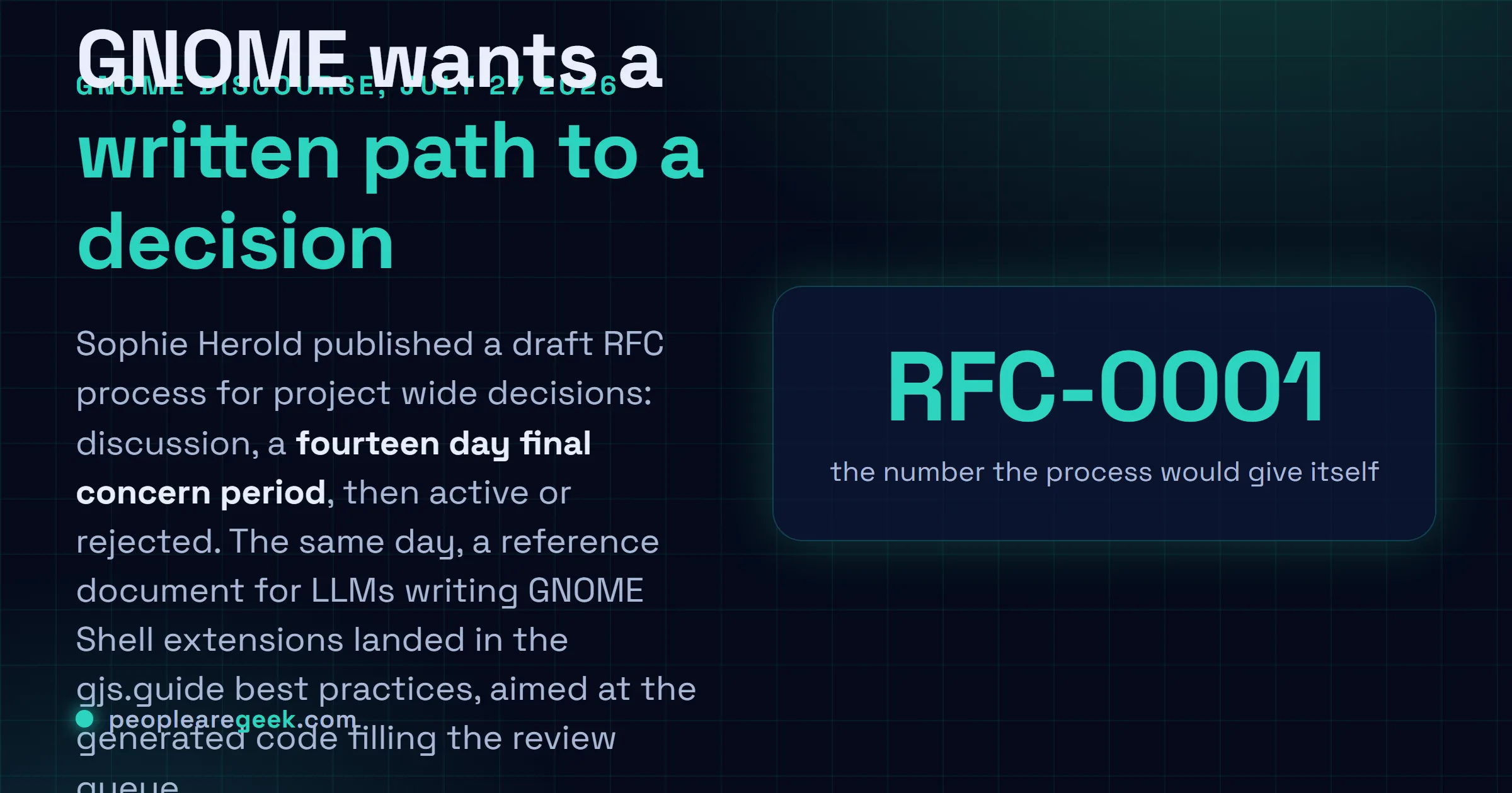 Carte réponse : GNOME discute d'un processus RFC formel proposé par Sophie Herold le 27 juillet 2026, avec une période de préoccupations finales de quatorze jours, aux côtés d'un document de référence apprenant aux modèles à écrire correctement une extension GNOME Shell.