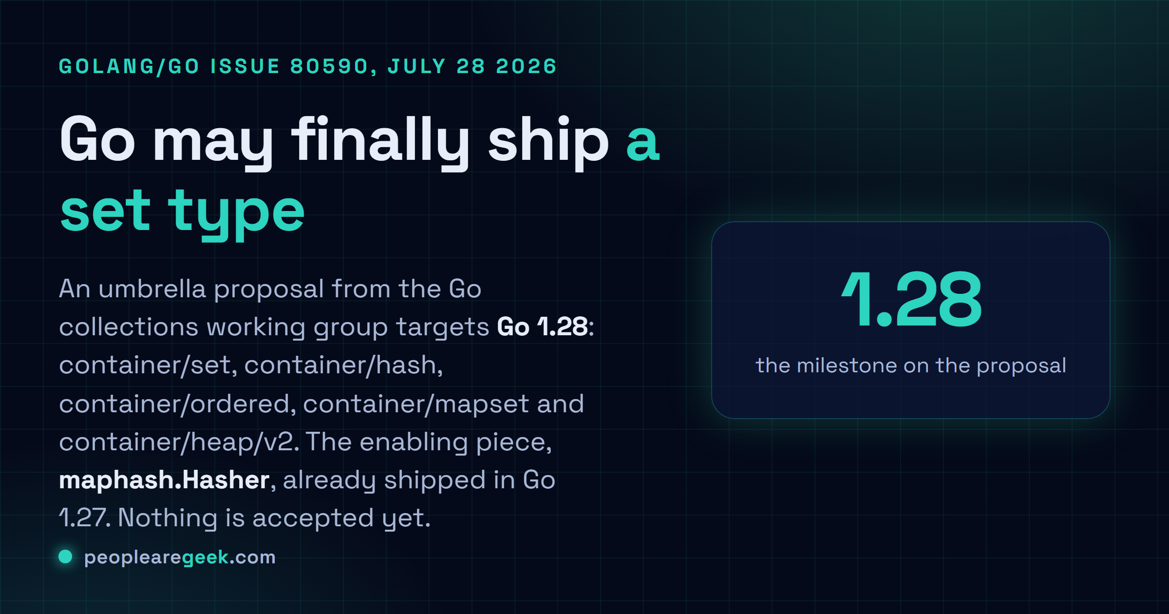Answer card: an umbrella Go proposal filed July 28, 2026 by Alan Donovan targets Go 1.28 with container/set, container/hash, container/ordered, container/mapset and container/heap/v2, built on the maphash.Hasher interface that shipped in Go 1.27.