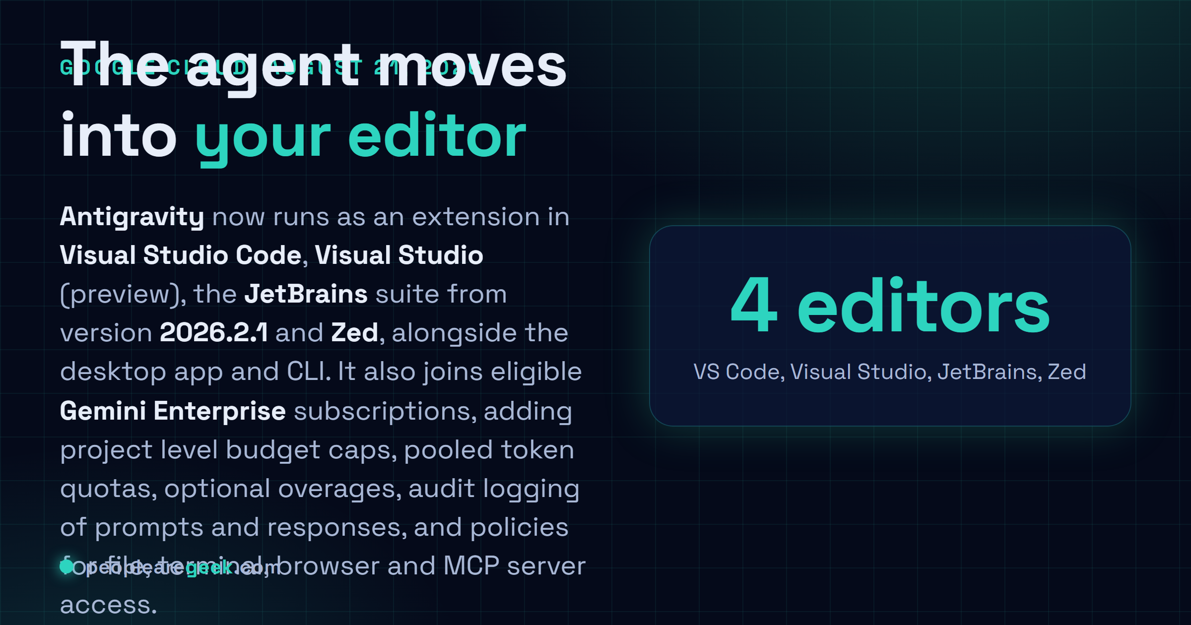 Answer card: on August 21 2026 Google made Antigravity available as an extension for Visual Studio Code, Visual Studio, JetBrains IDEs from version 2026.2.1 and Zed, and added it to Gemini Enterprise Standard, Plus and Standard Emerging Market subscriptions with project level budget caps, pooled token quotas, optional overages, audit logging and agent policy controls.