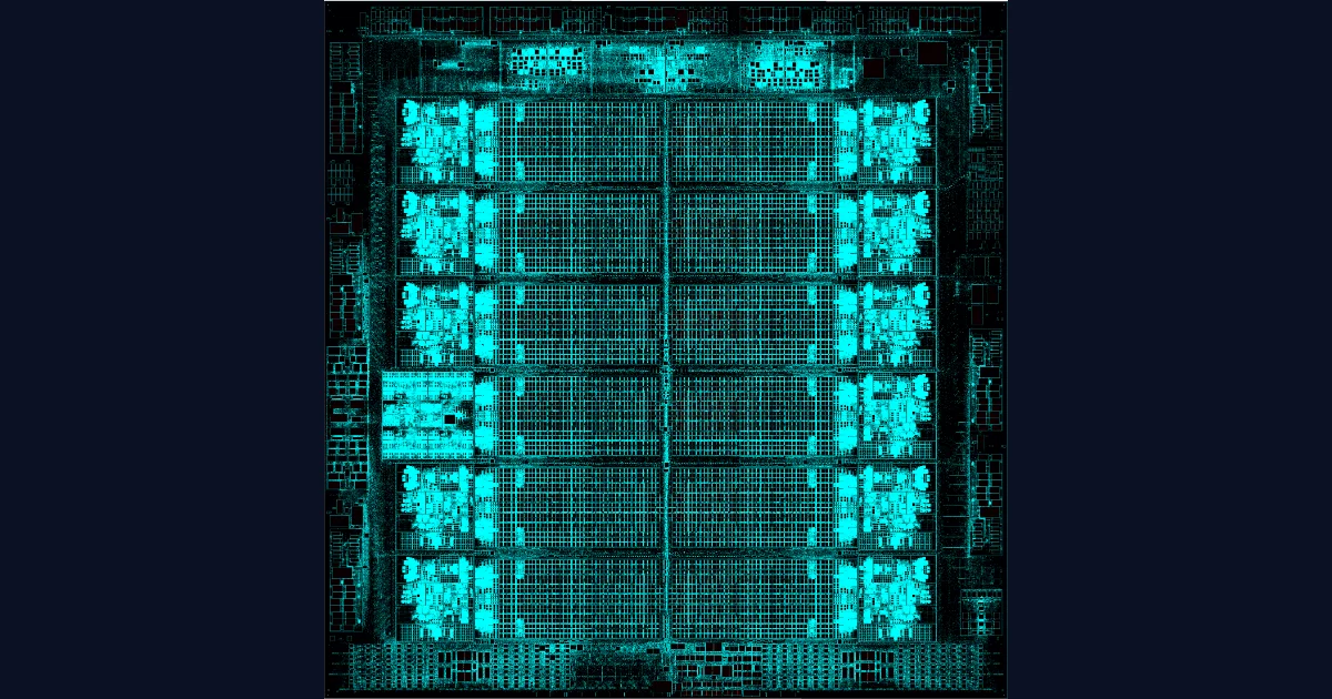 Official IBM chip layout image of the next generation dual architecture processor for IBM Z and LinuxONE, showing the repeated core blocks and cache arrays of a 2 nanometer design with 11 high performance cores.